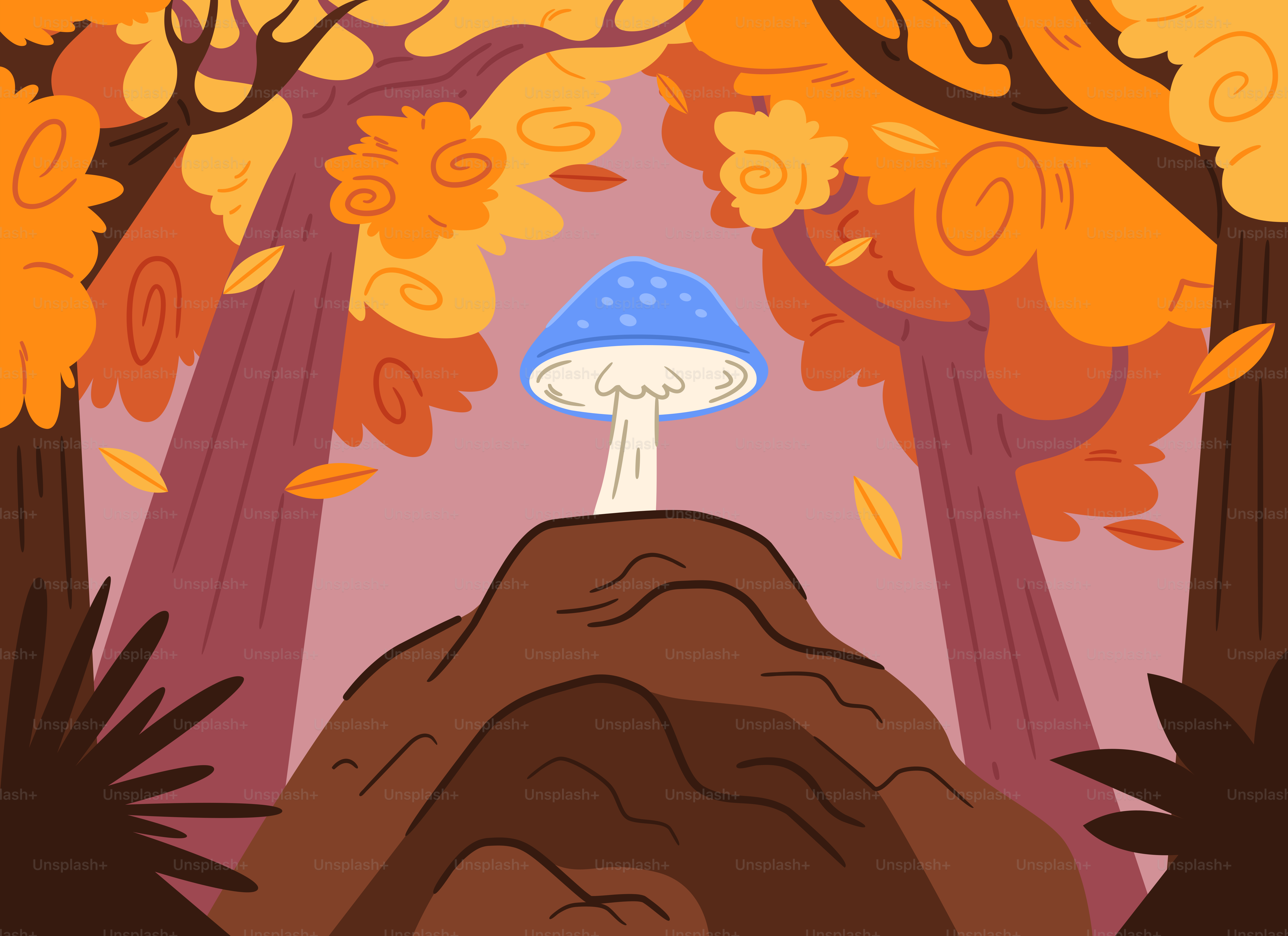 A glowing mushroom in an autumn forest.