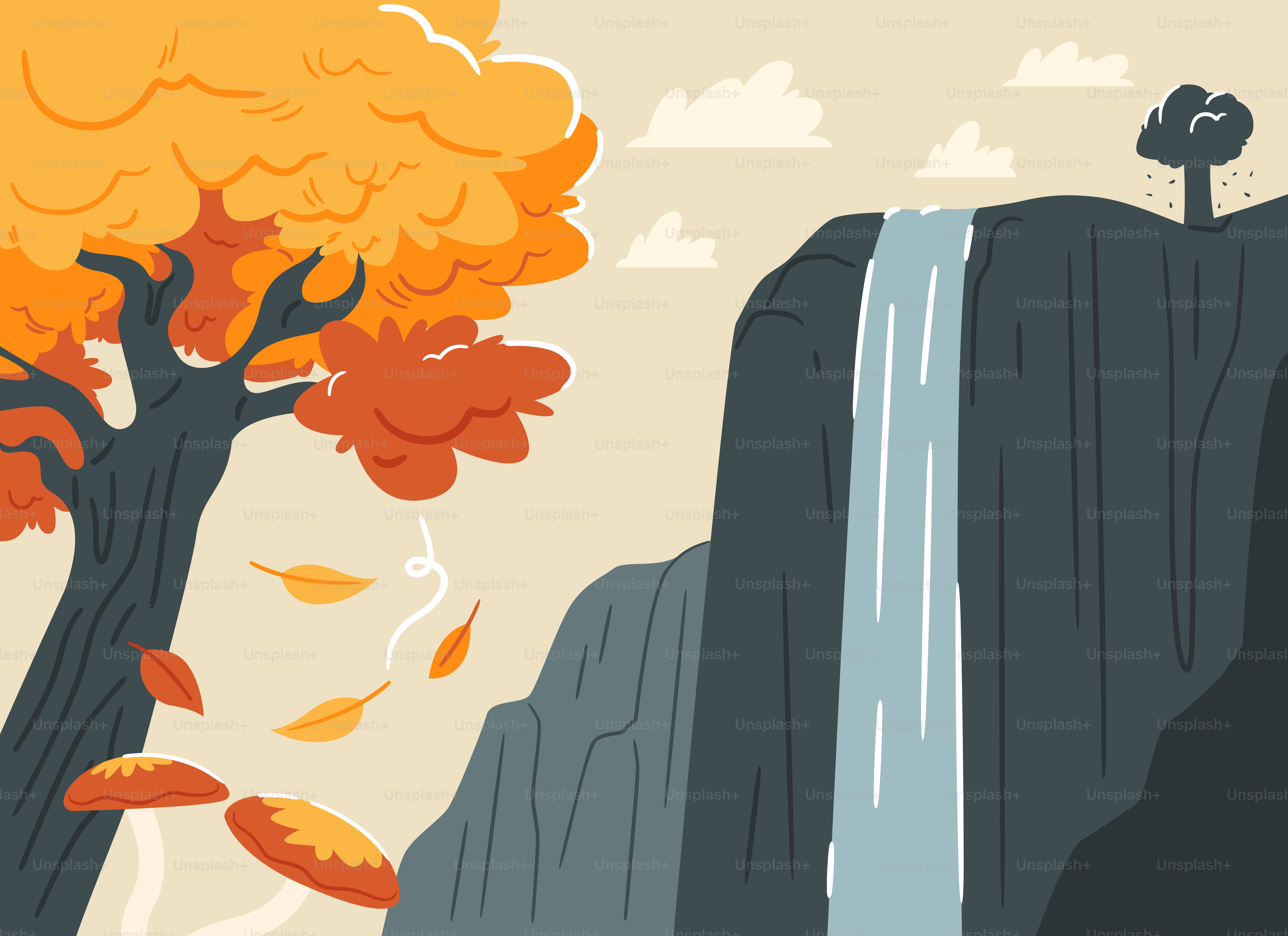 Autumn tree with falling leaves near waterfall