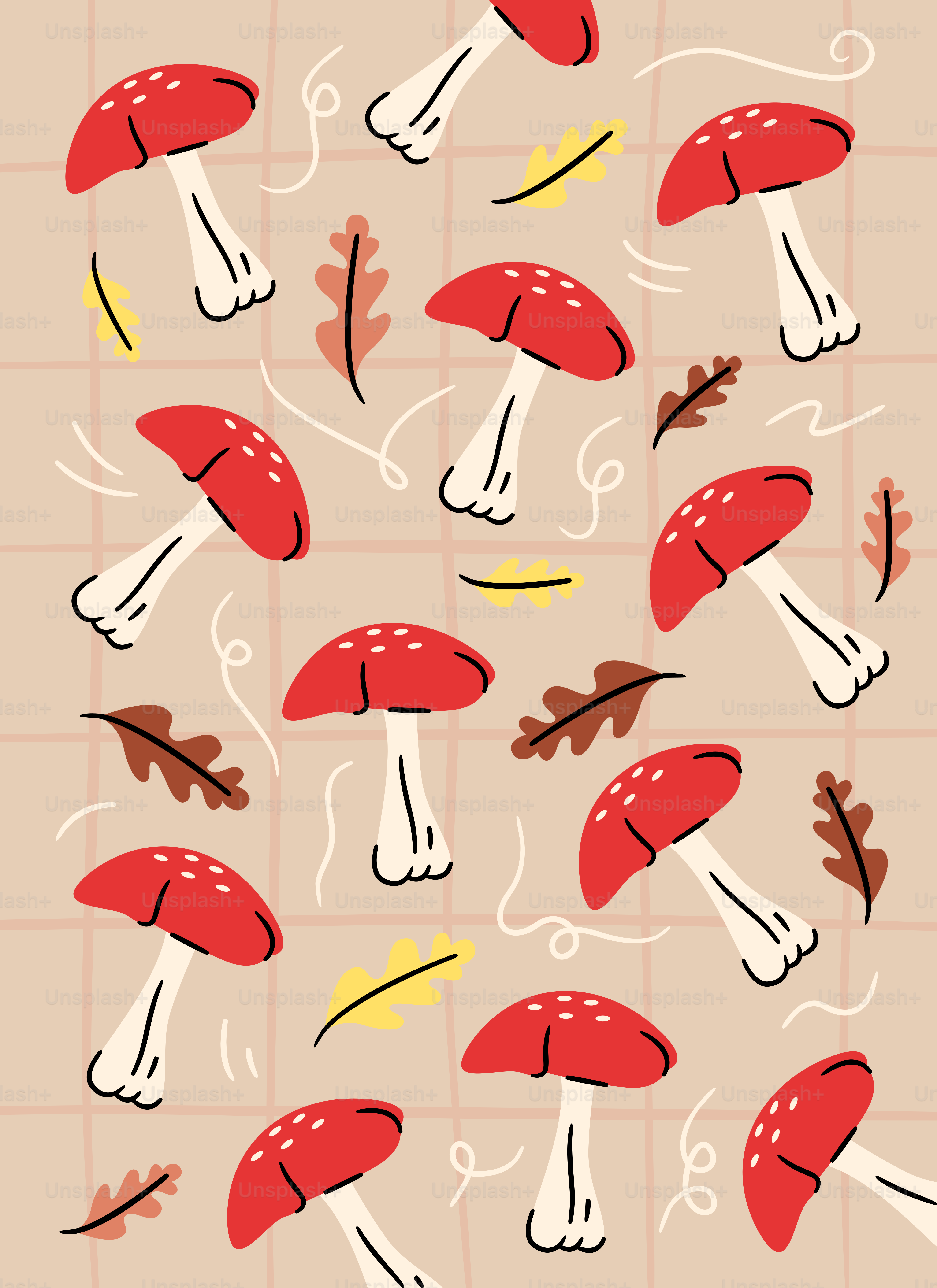 Funghi rossi e foglie autunnali sparse su un colore beige