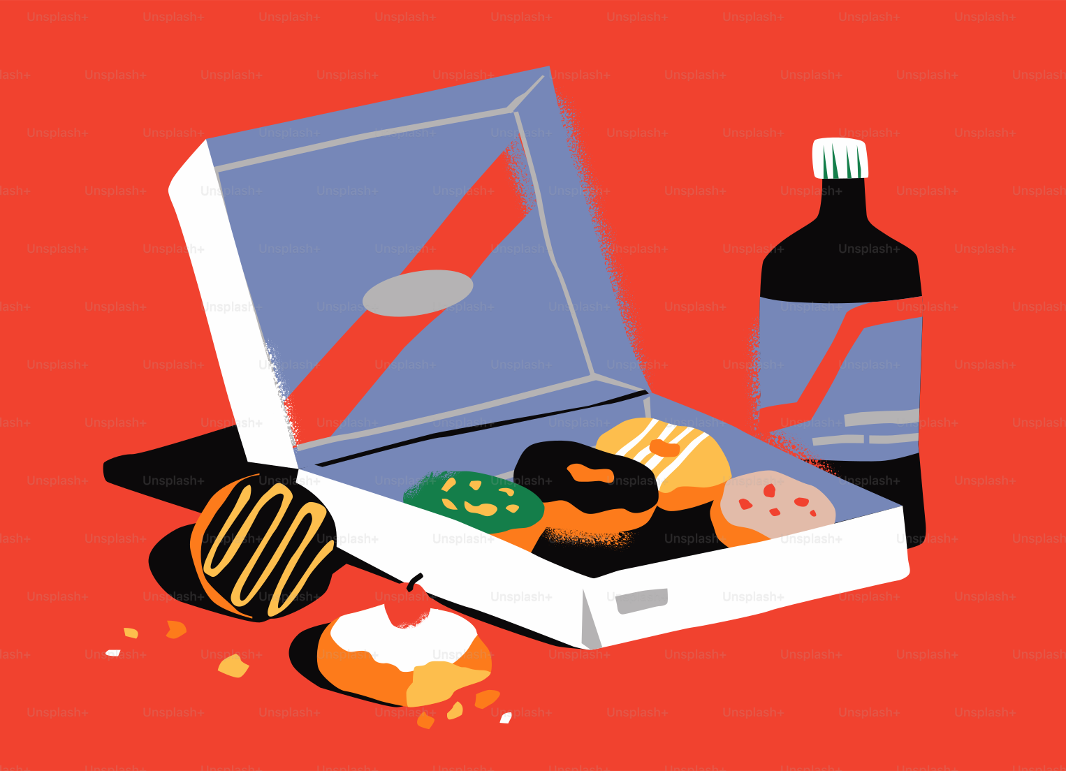 A box of donuts with a drink.