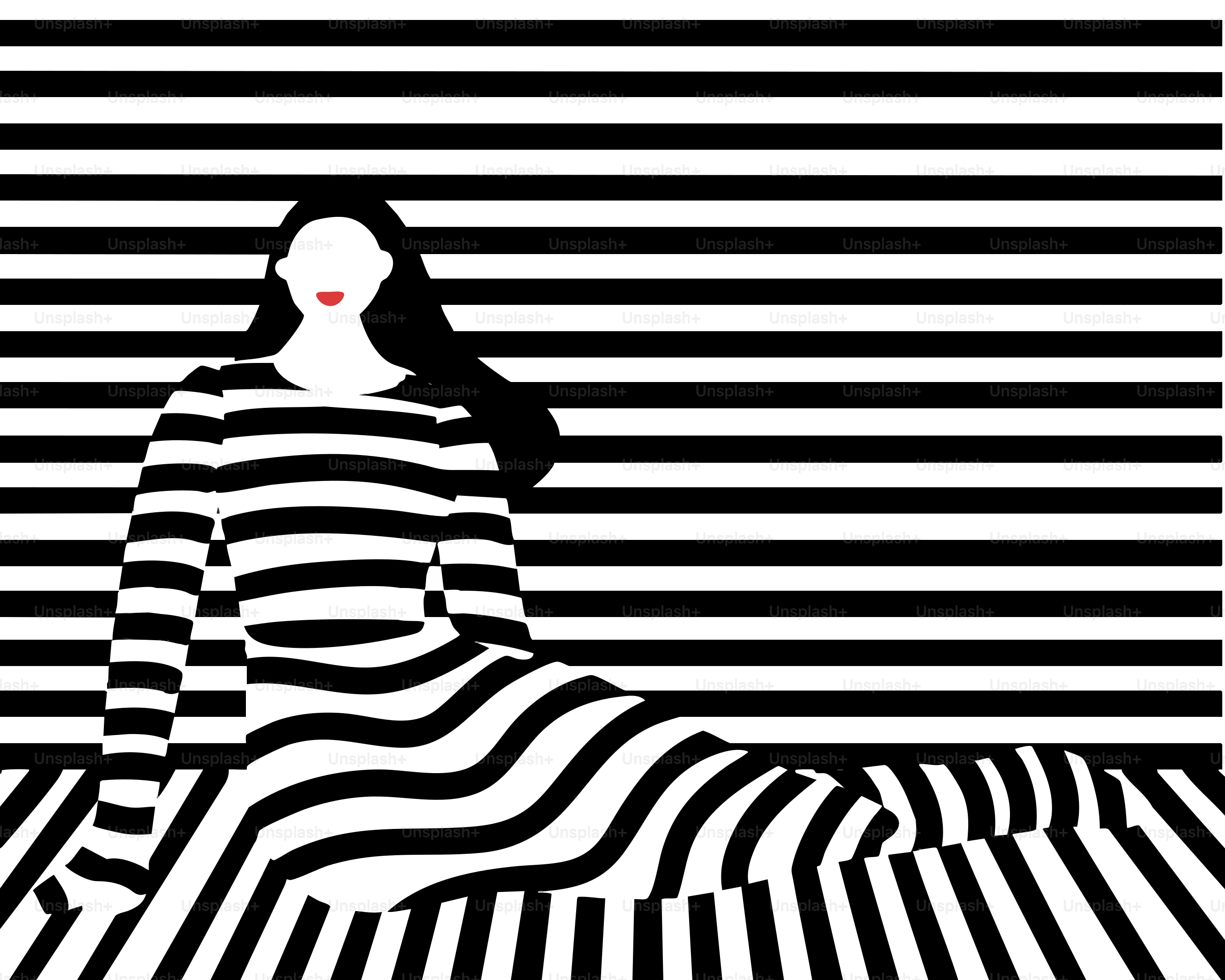 Une femme rayée est assise sur un fond rayé.