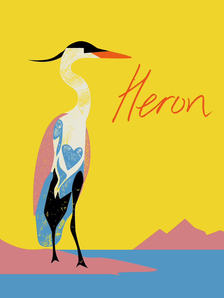 Stylized illustration of a heron against a yellow backdrop.