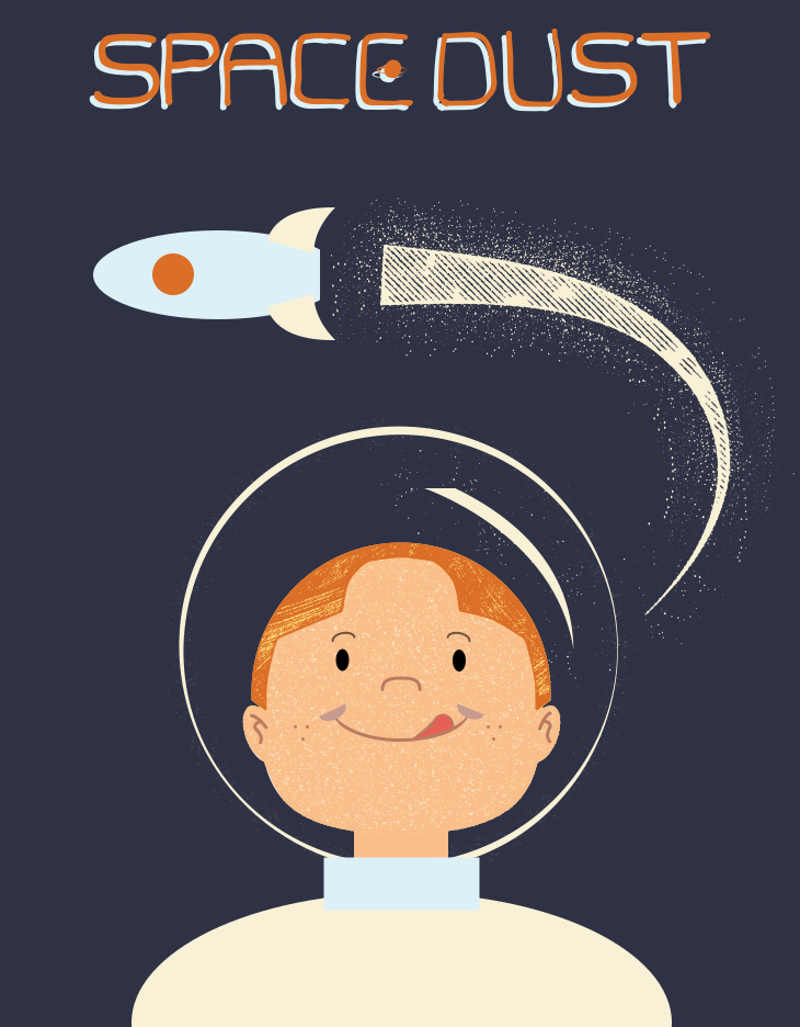 An astronaut faces space dust with a rocket overhead.