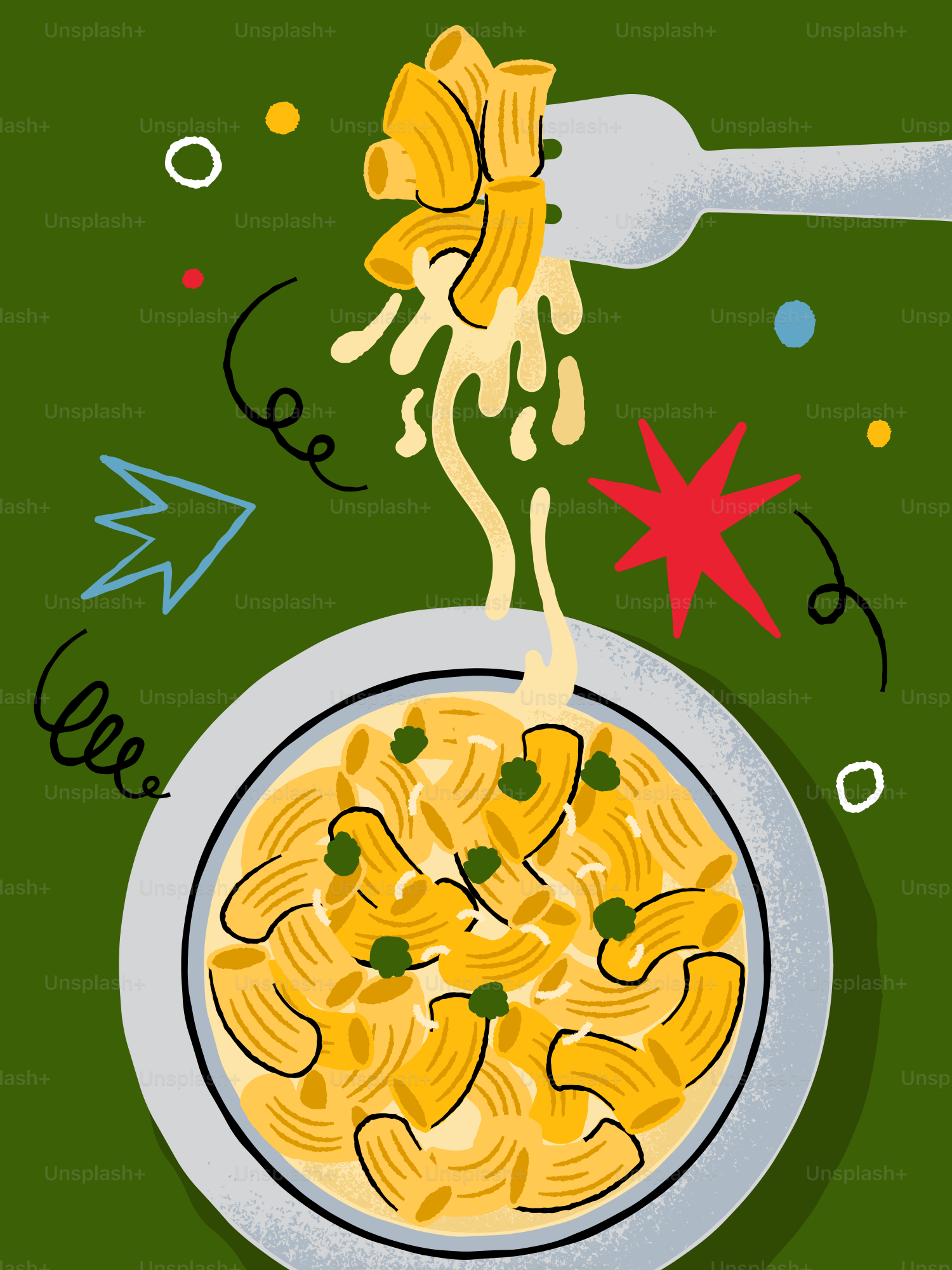 Macaroni and cheese being lifted from a bowl with a fork.