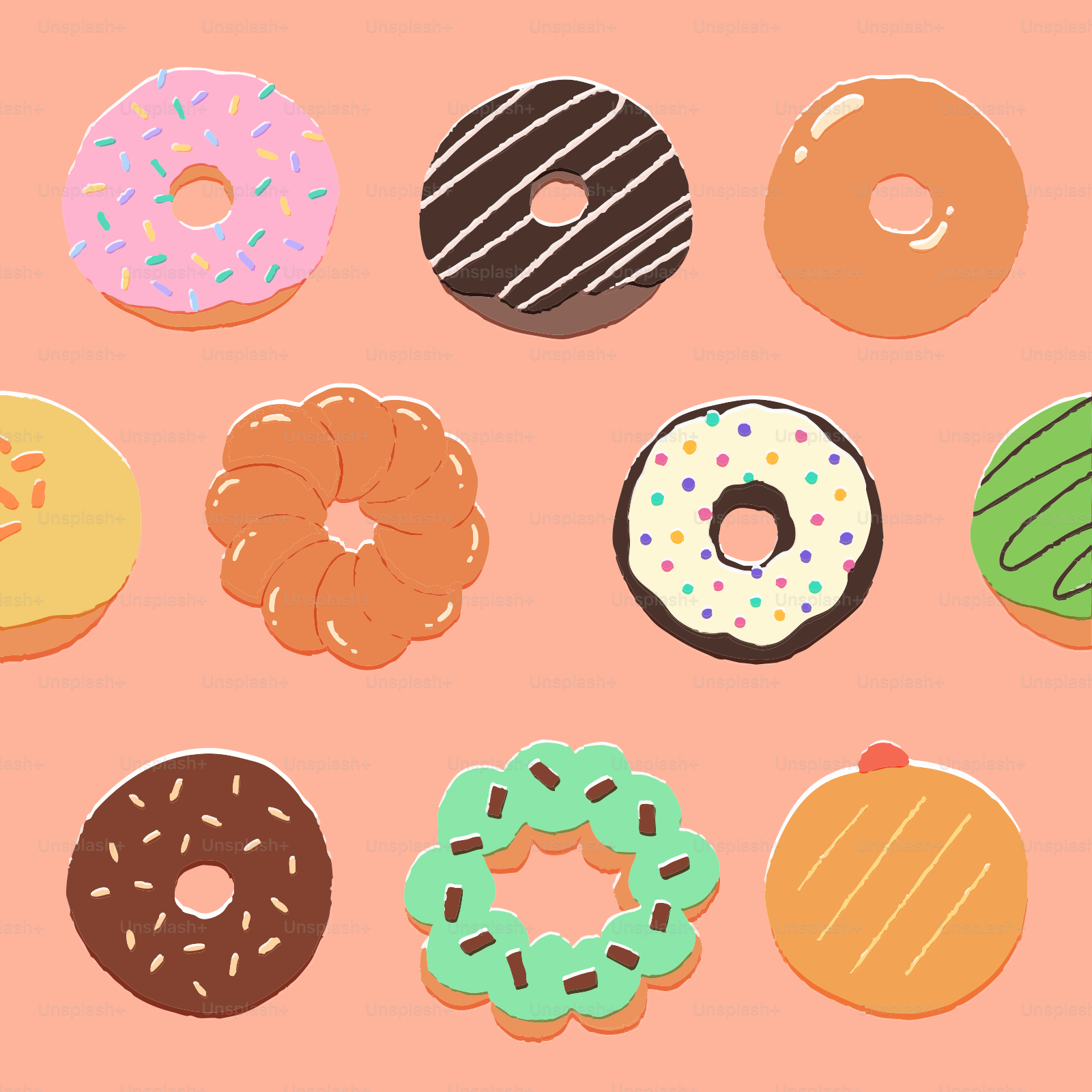 Colorful donuts are arranged on a pink background.