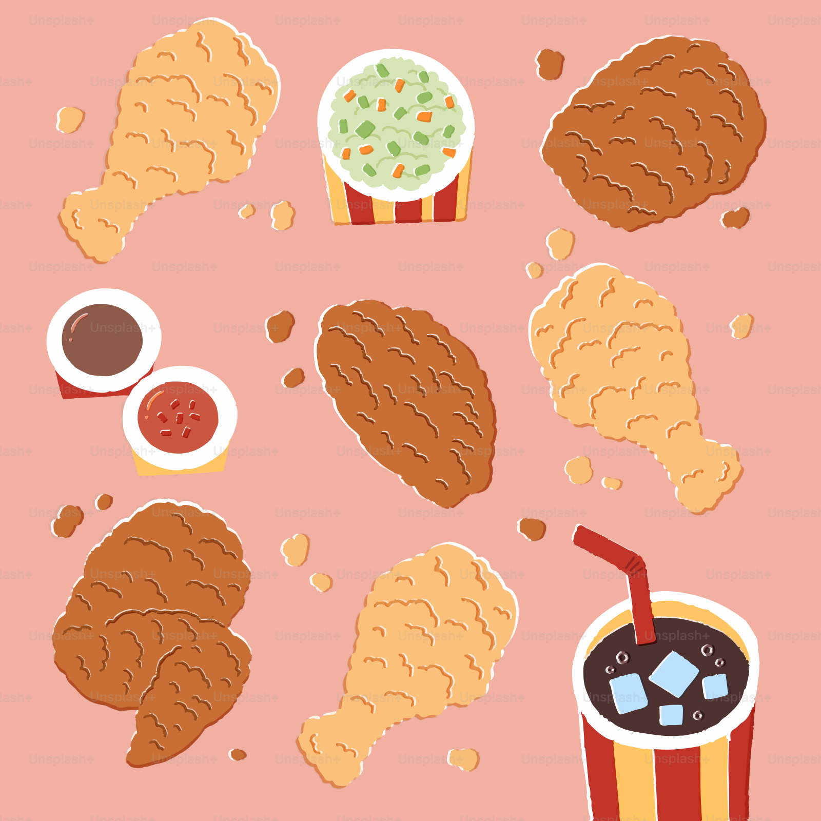 Fried chicken, coleslaw, soda and sauces arranged beautifully.