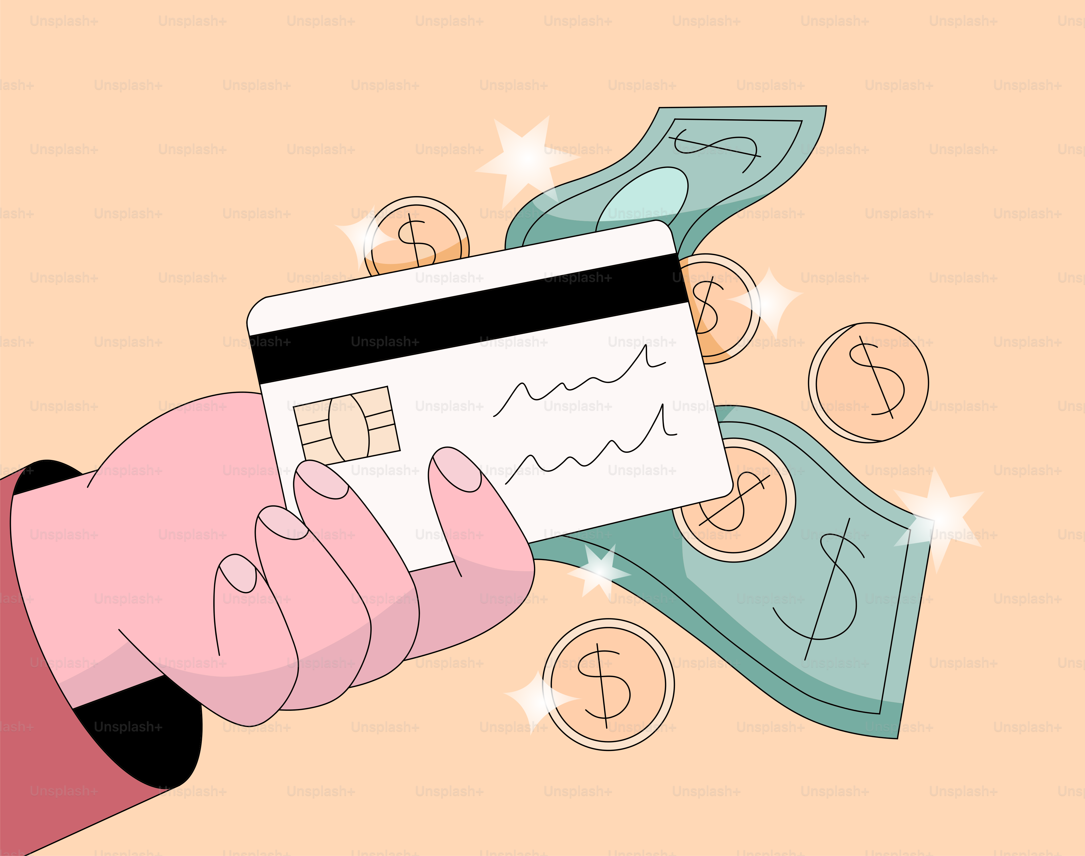 A hand holds a card with cash and coins.