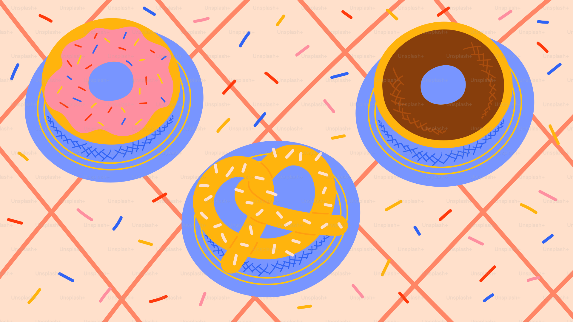 Donuts and a pretzel sit on plates.