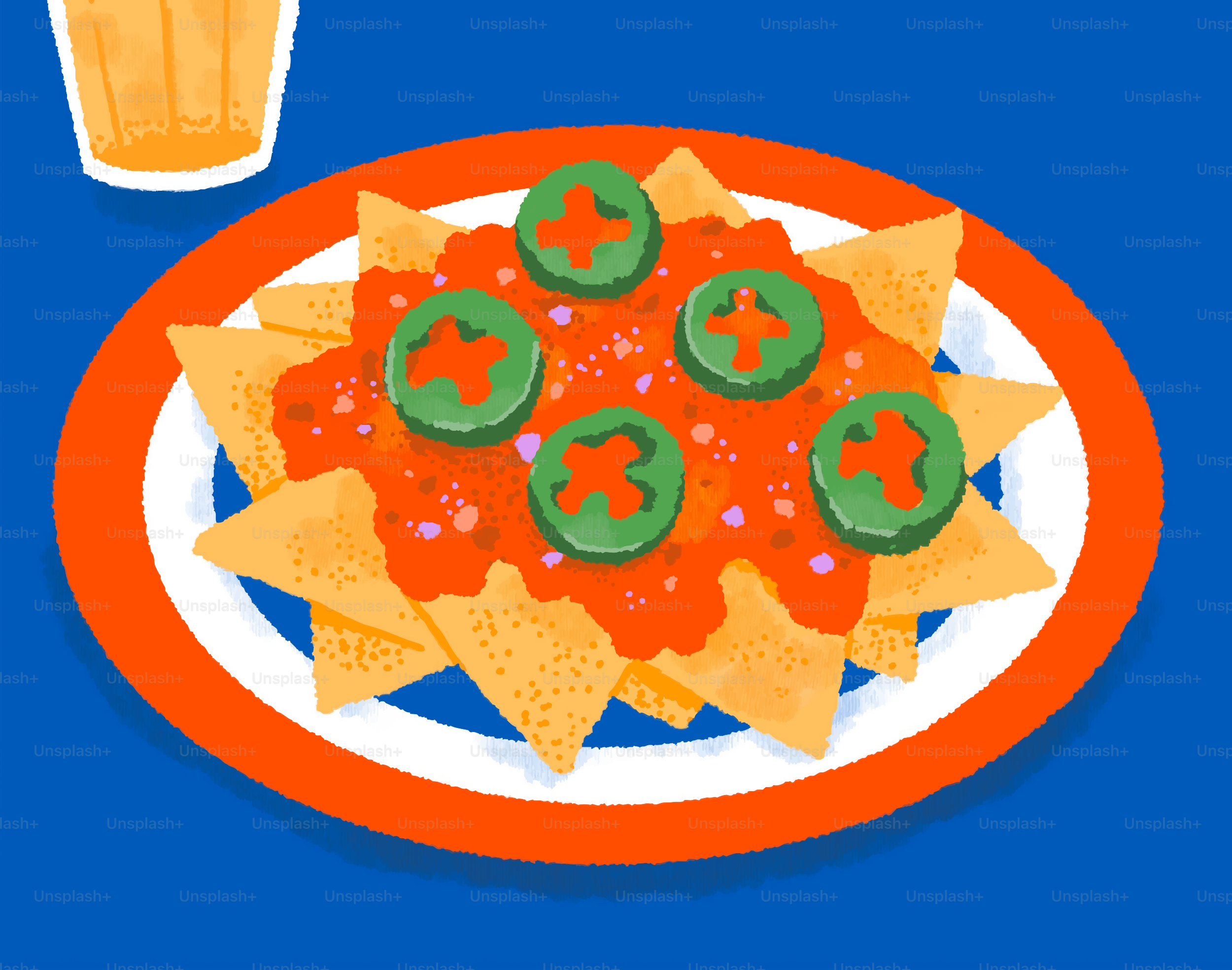 Nachos are shown, topped with salsa and jalapeños.