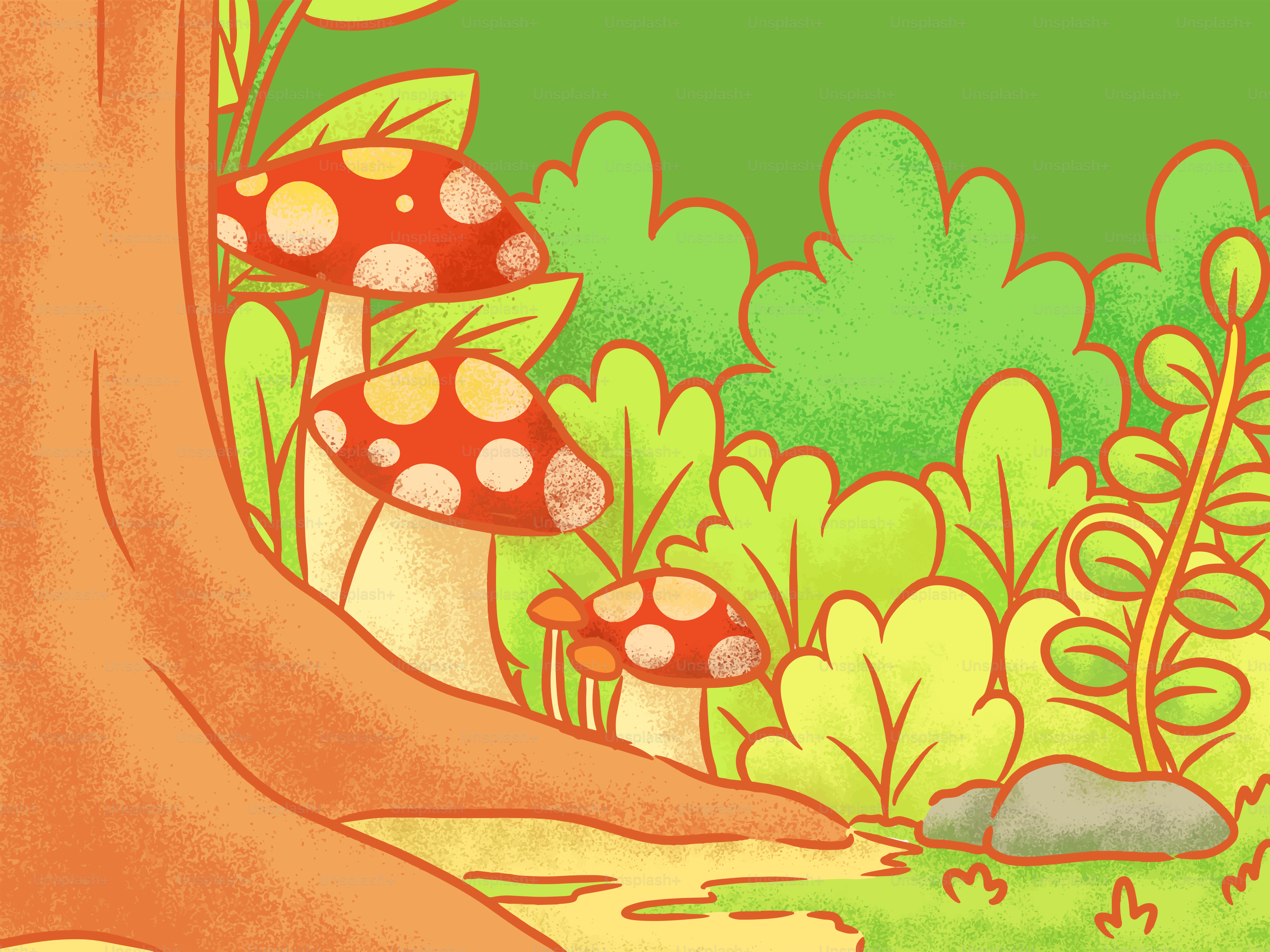 Mushrooms grow in a colorful, whimsical forest.
