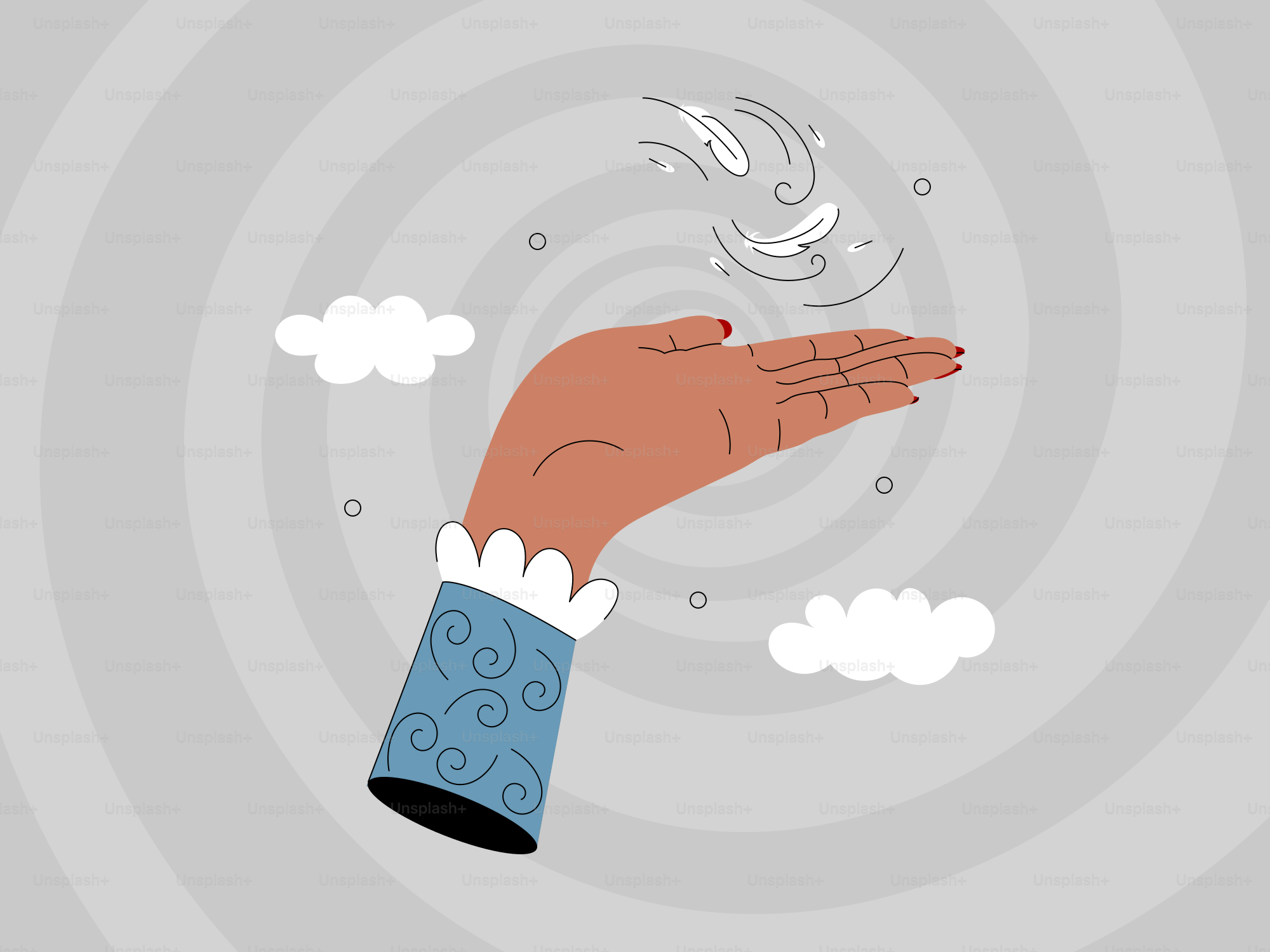 Feathers float from a hand into a gray spiral.
