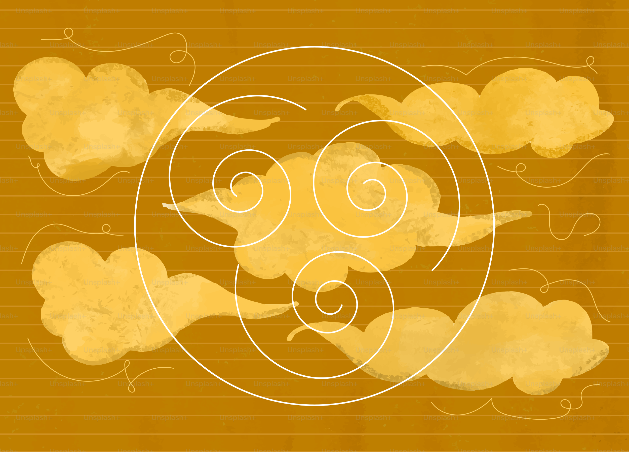 Des nuages et un motif en spirale sur un fond doré.