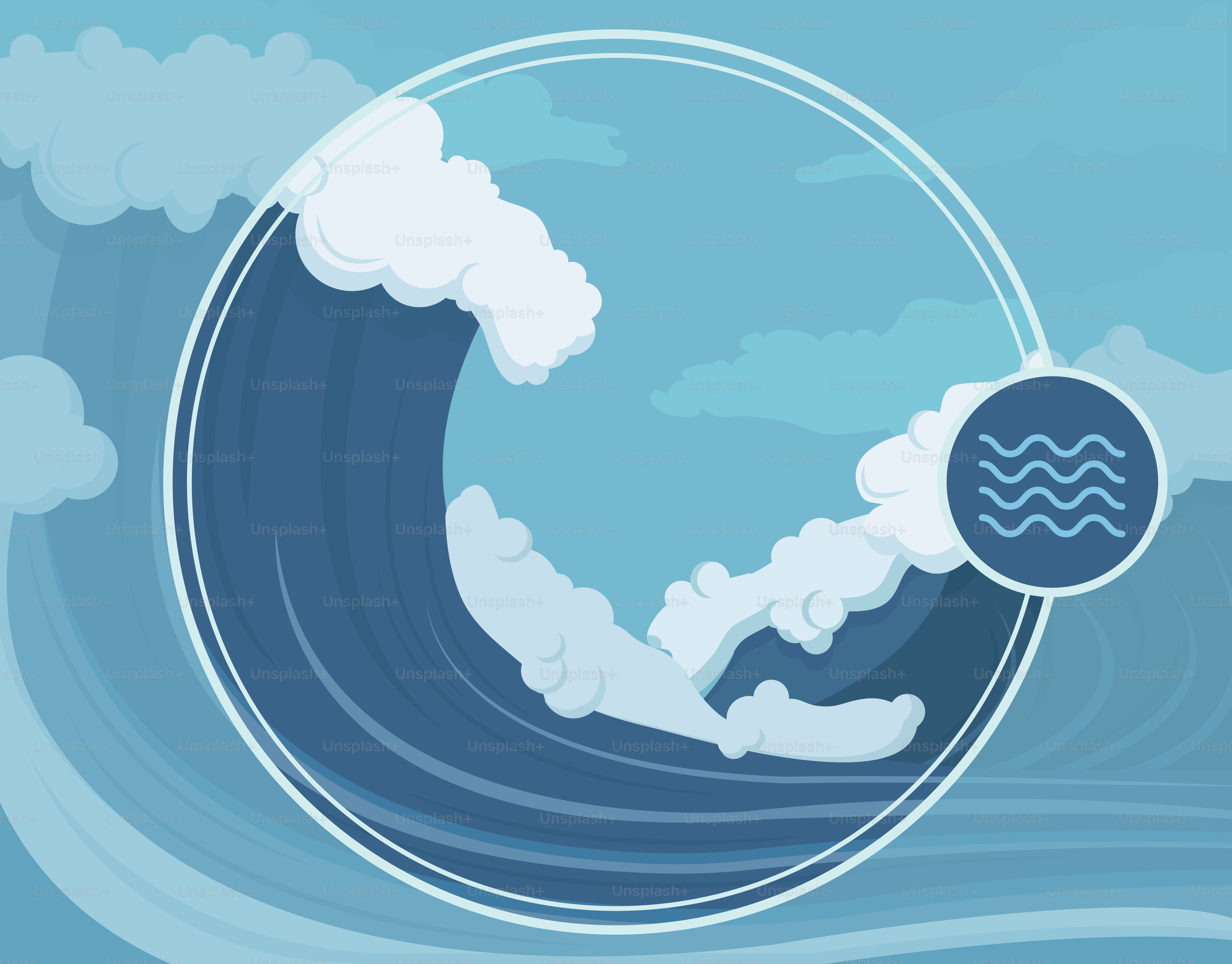 Stylized crashing ocean wave with clouds