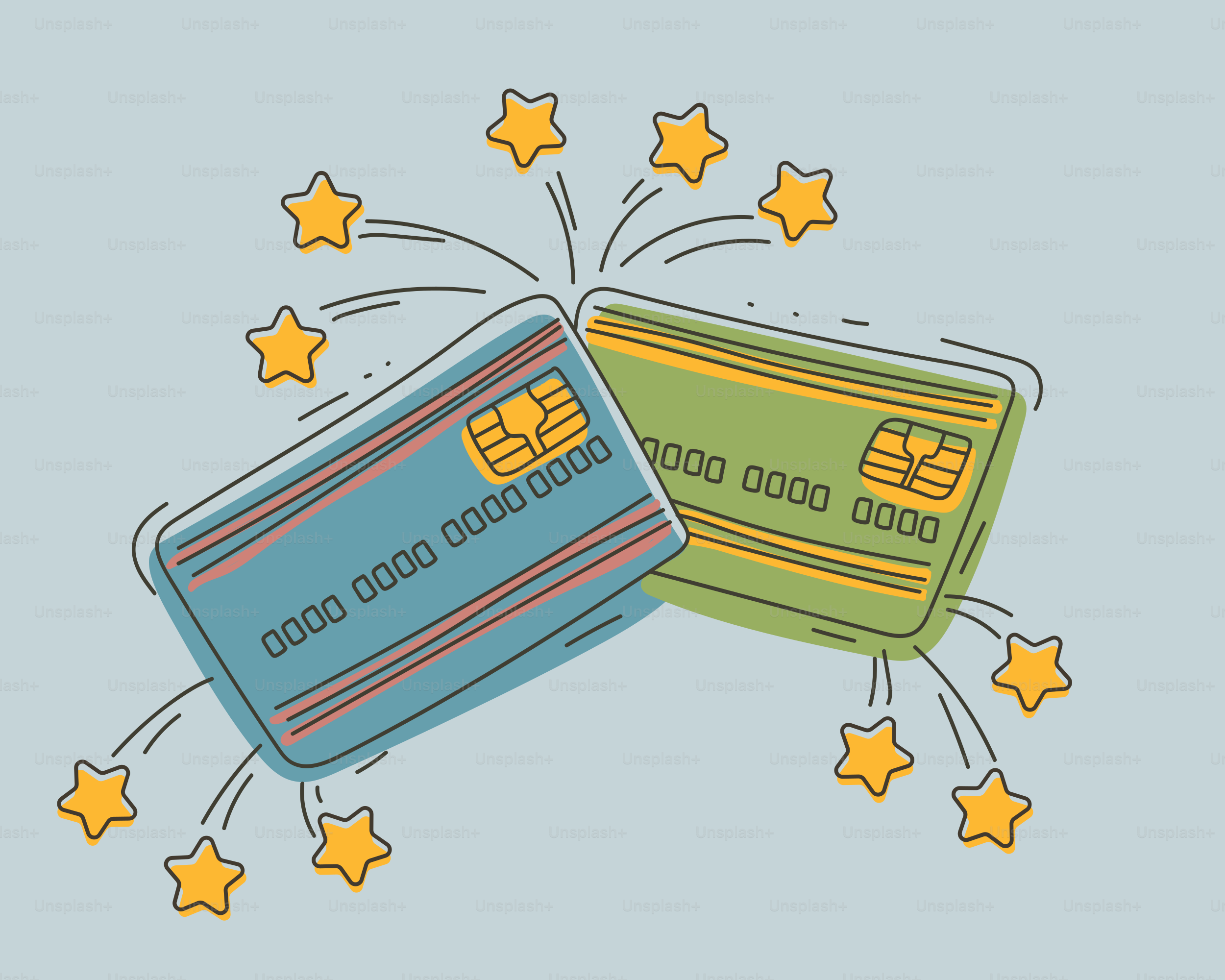 Two credit cards with stars bursting outwards