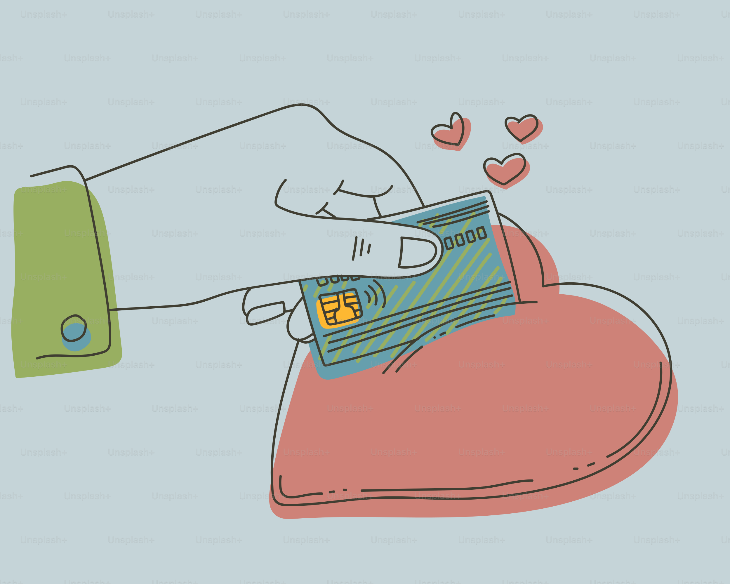Hand inserting credit card into heart-shaped wallet.