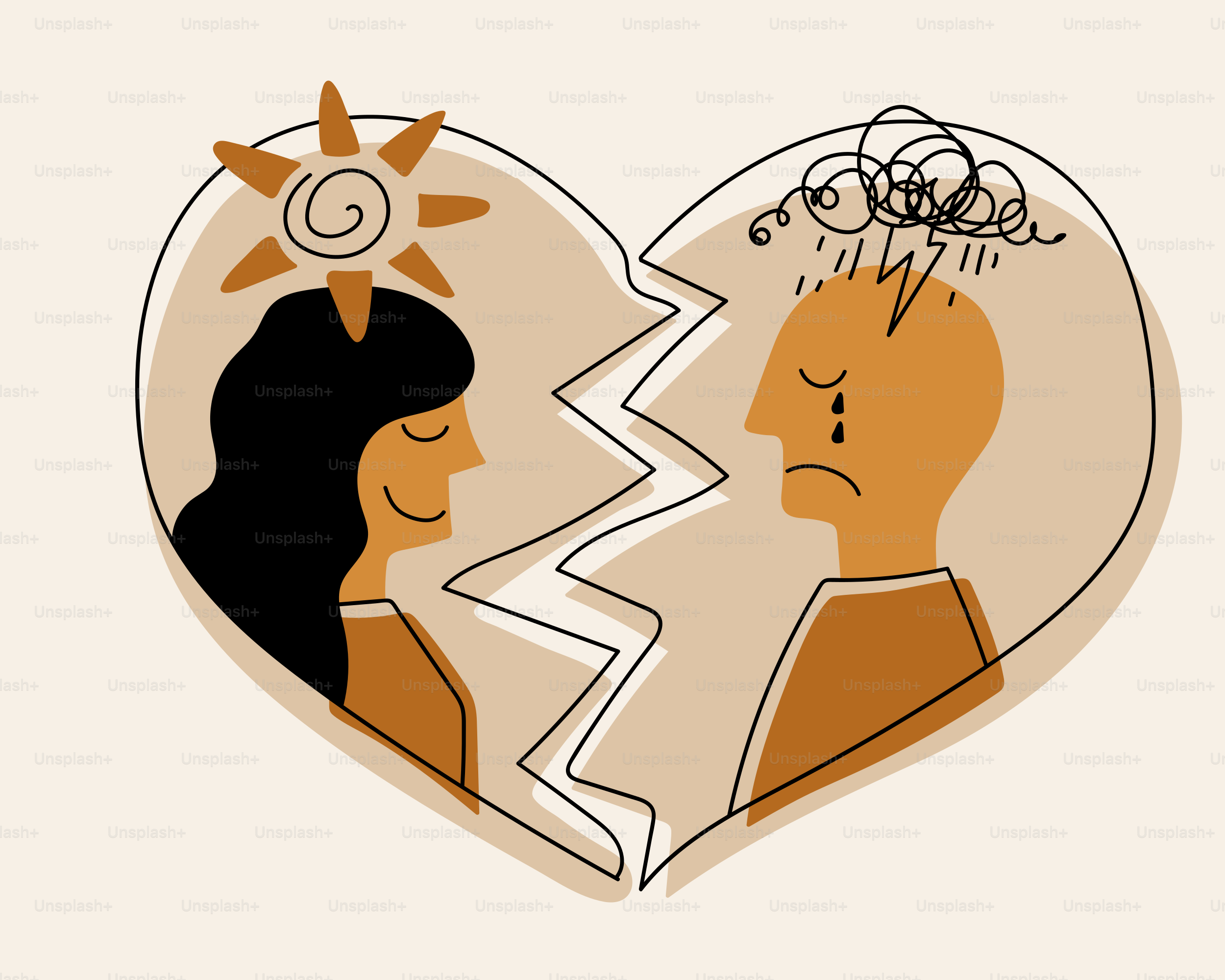 Broken heart with profiles of a couple