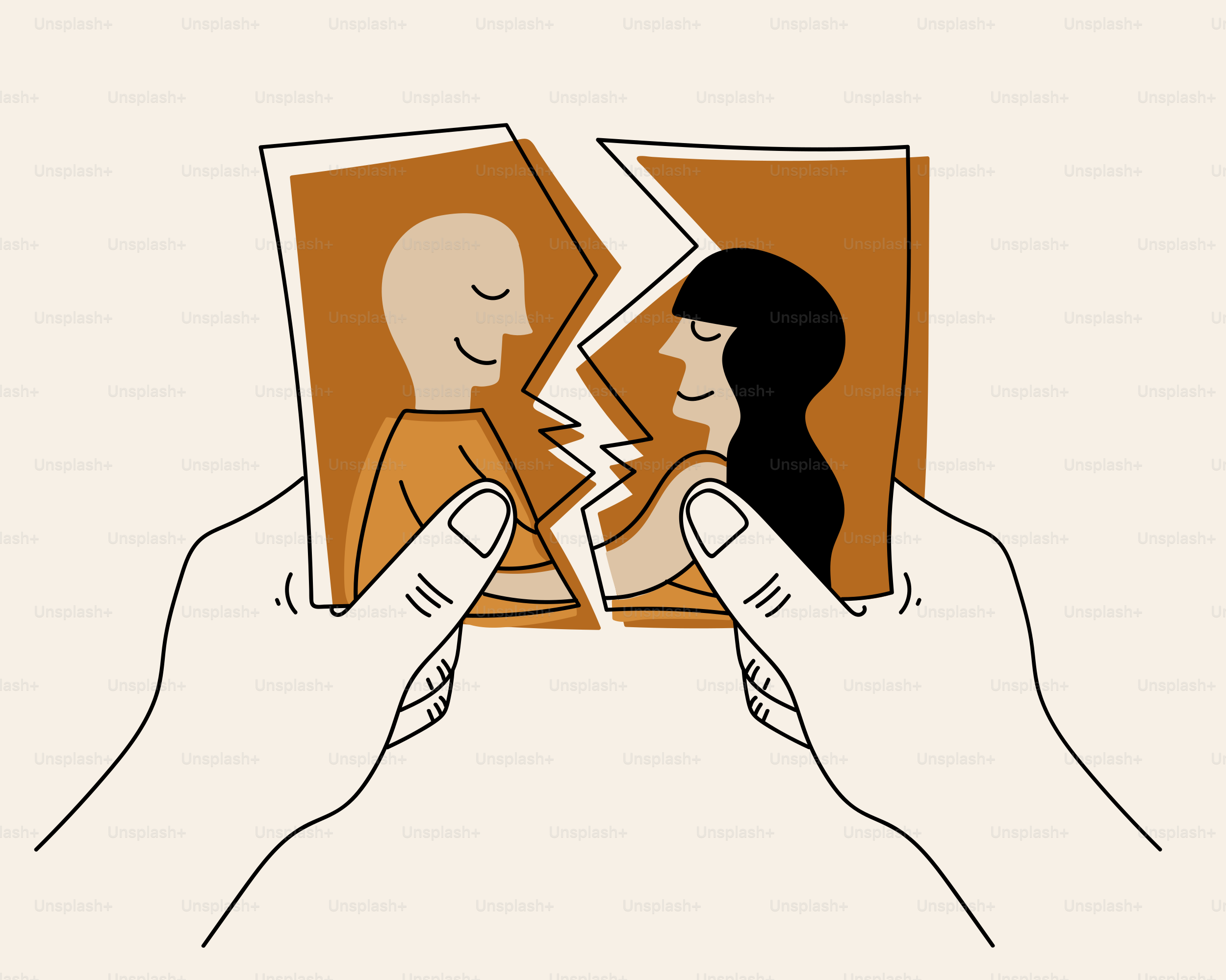 Hands holding a torn photograph of a couple