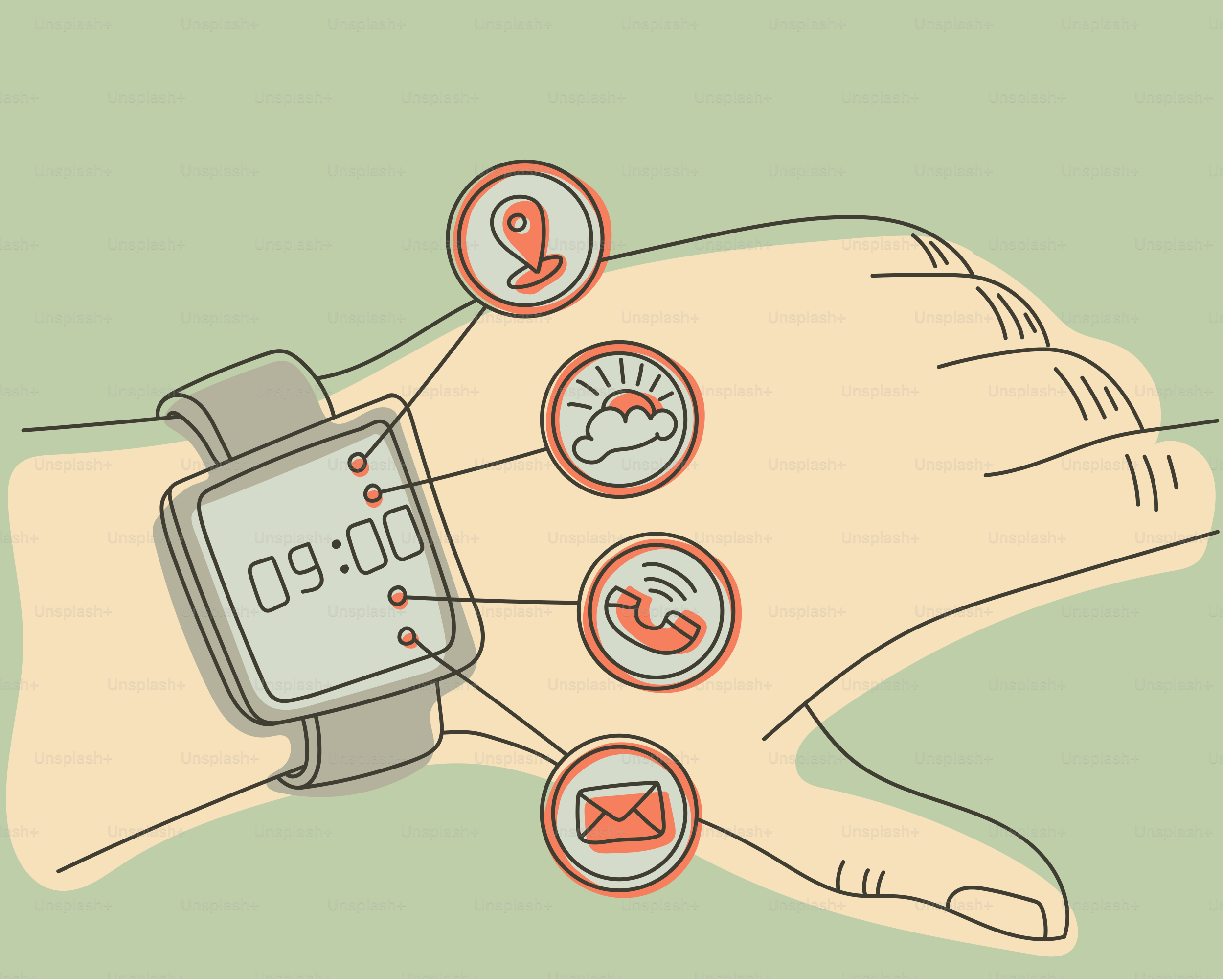 Handtragende Smartwatch mit Gesundheits-App-Symbolen