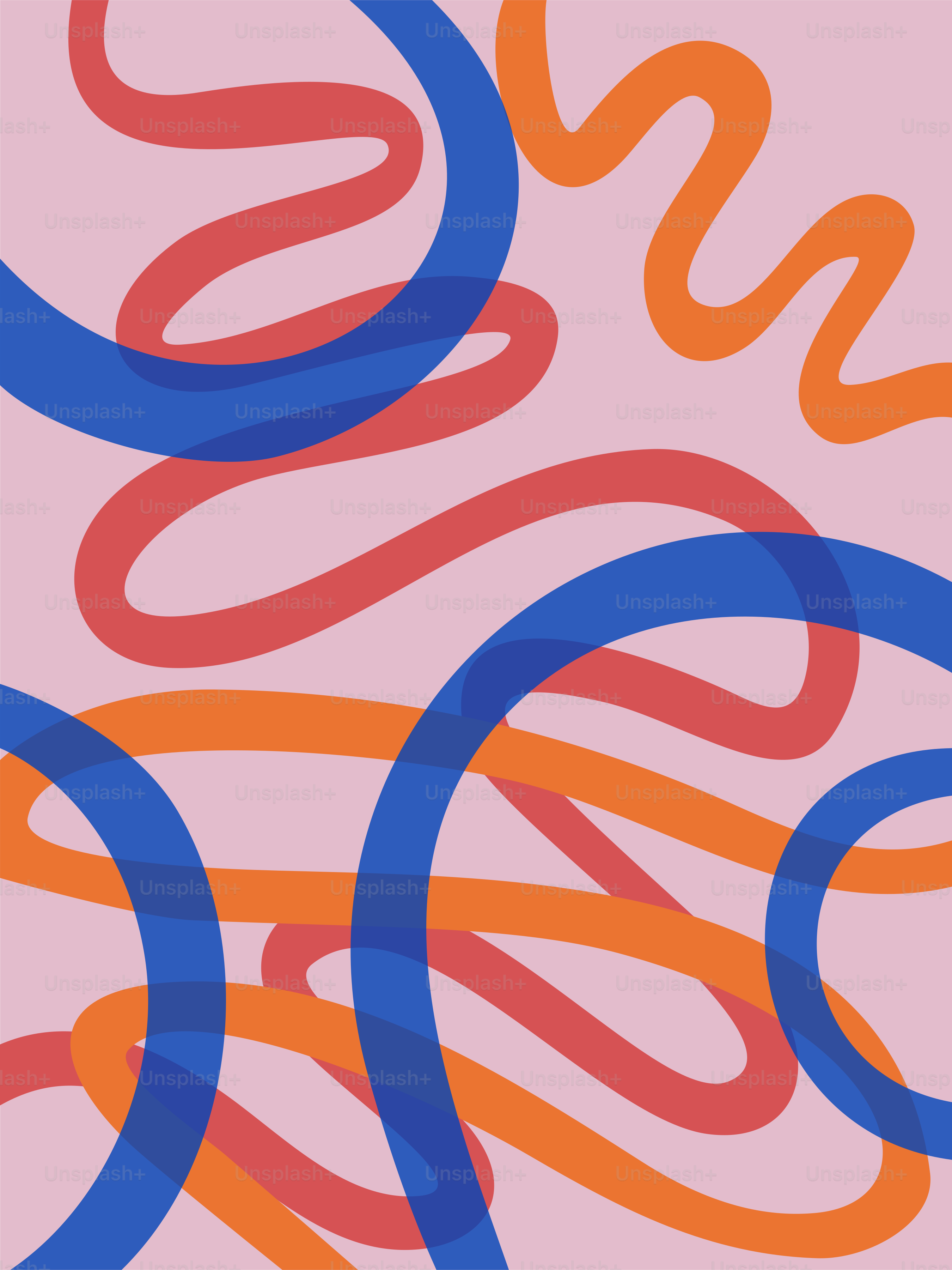 Linhas onduladas abstratas em azul, laranja e vermelho sobre rosa