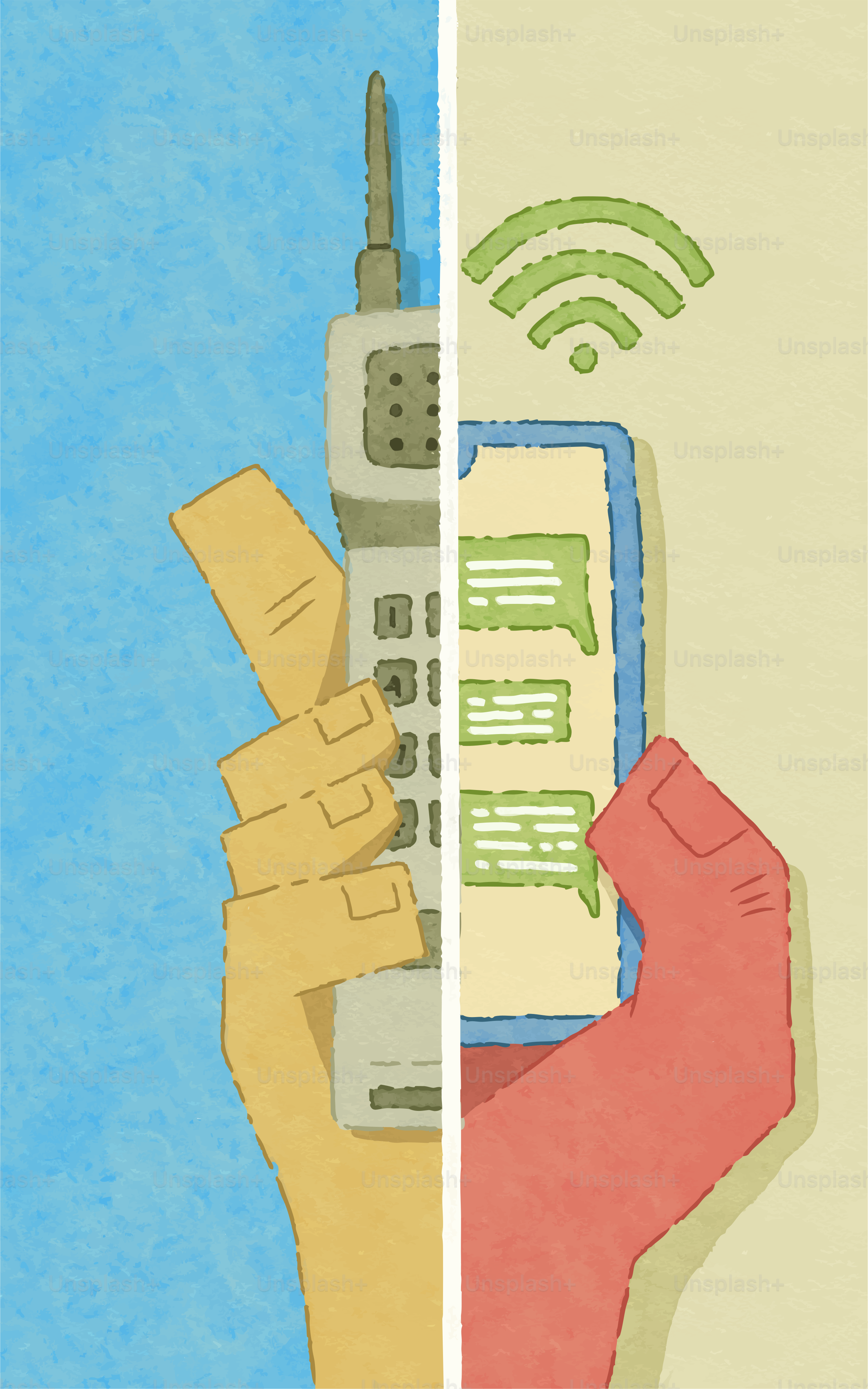 Old mobile phone contrasted with modern smartphone