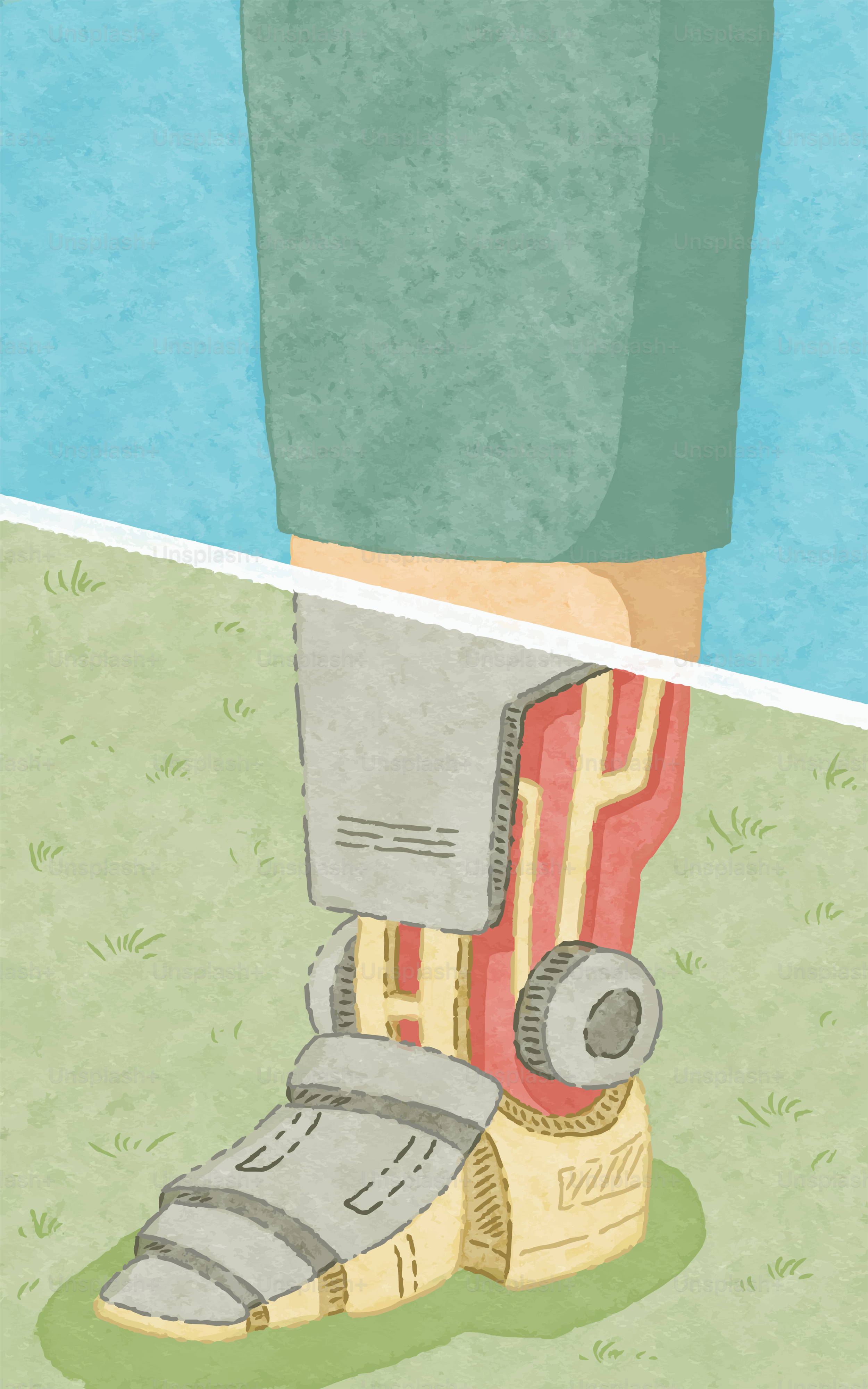 Person wearing a prosthetic leg on grassy field.