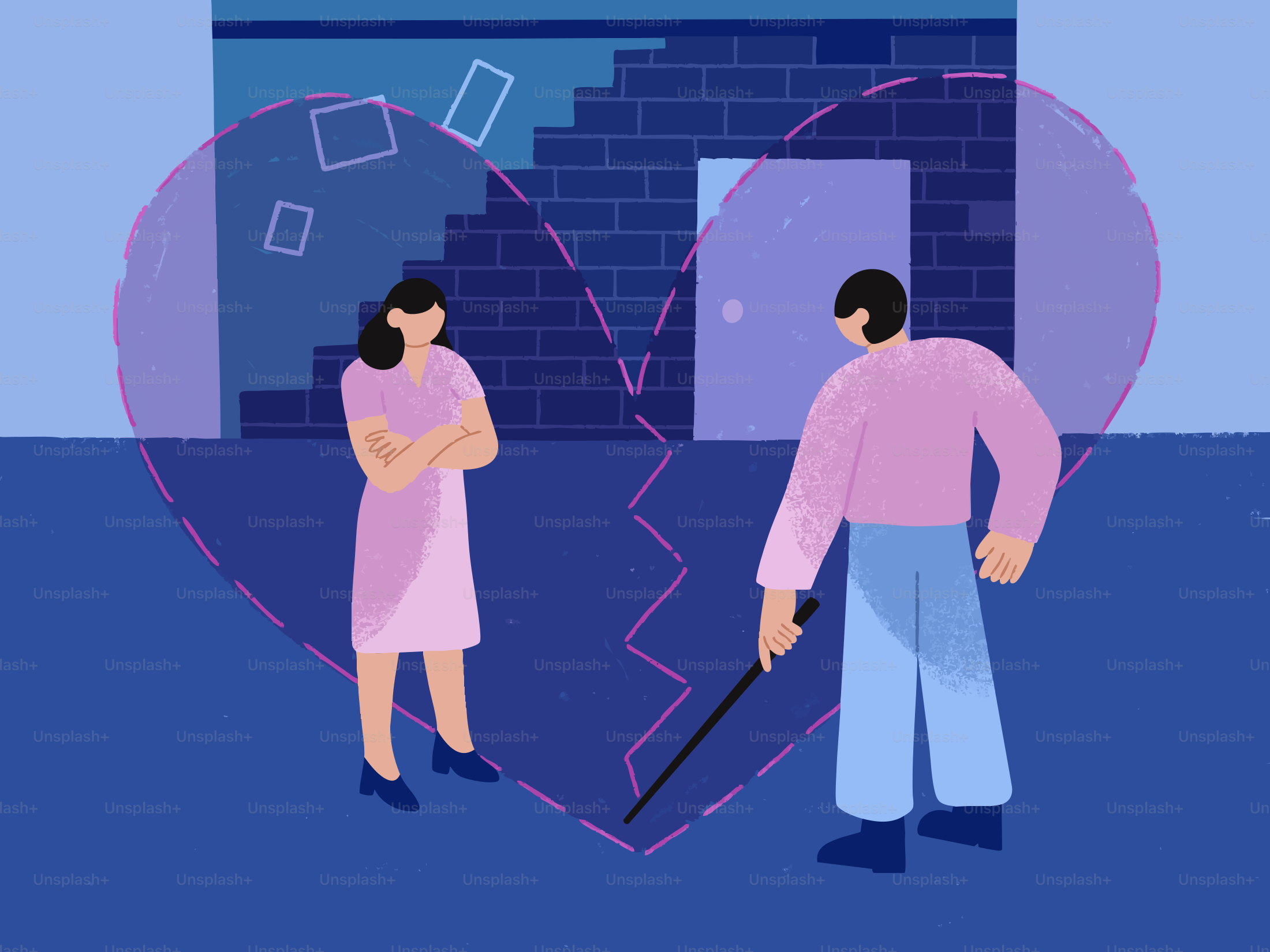 Pasangan dipisahkan oleh simbol patah hati