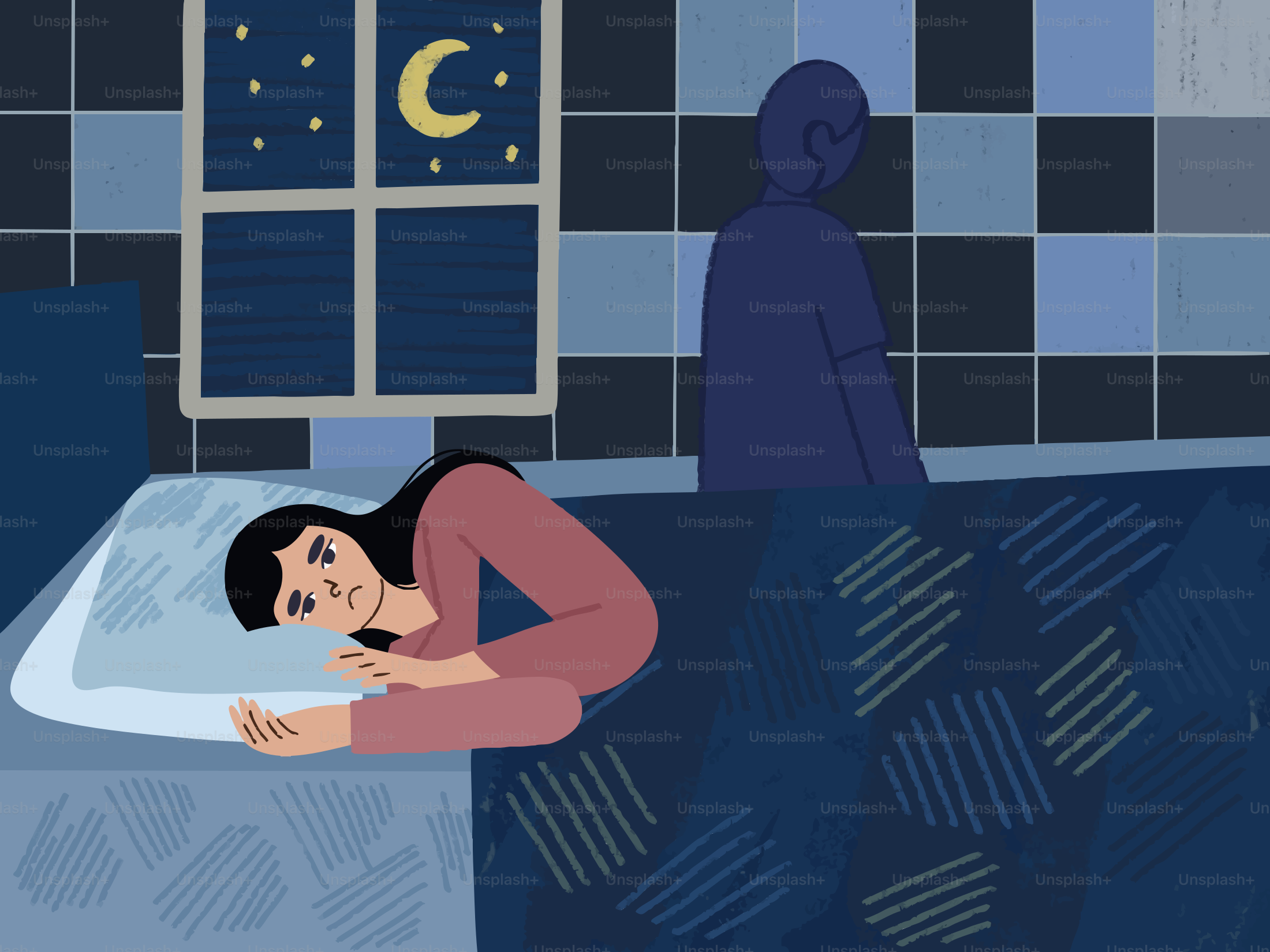 Woman in bed with shadow figure in dark room