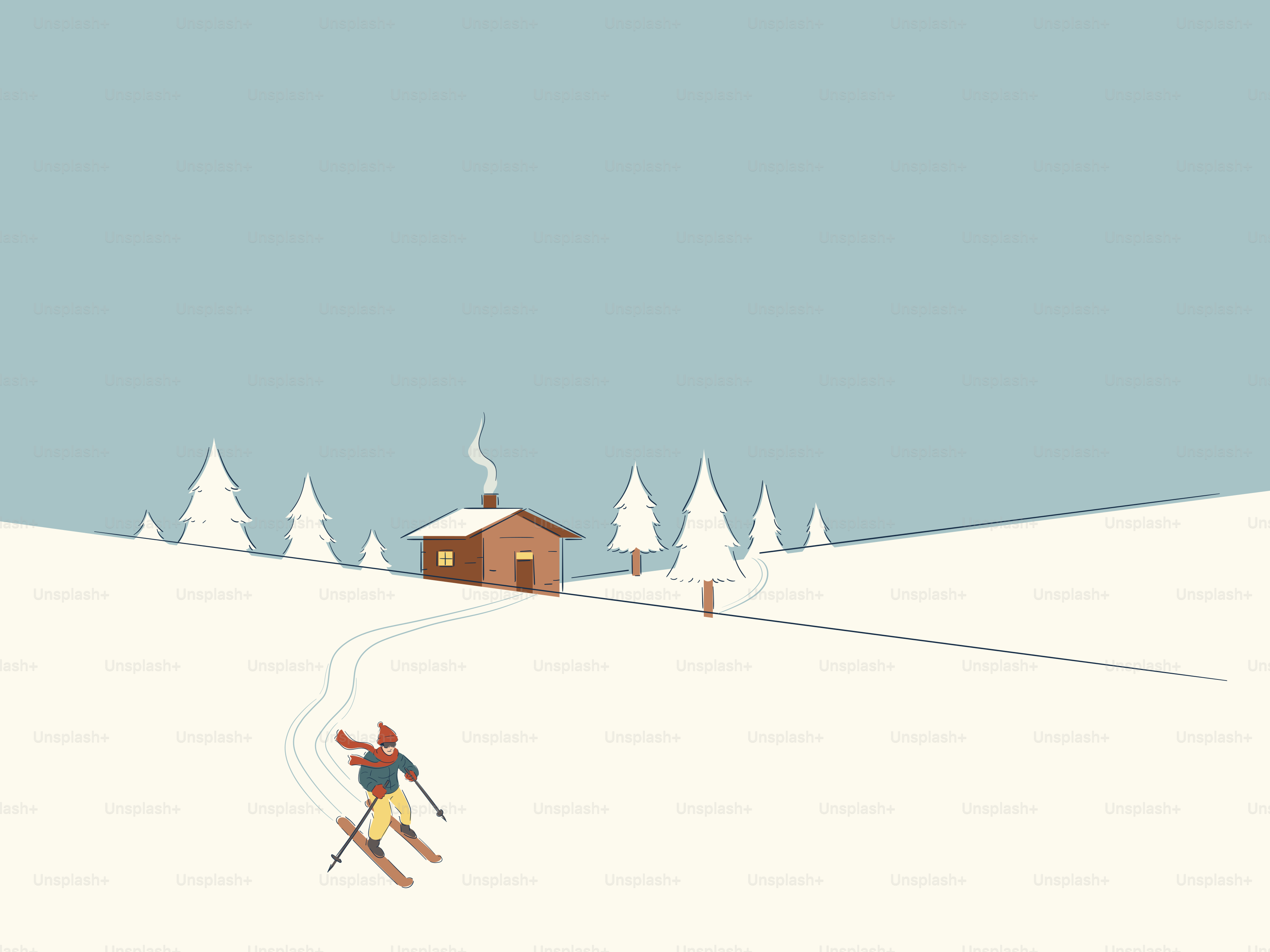 A skier descends a snowy slope towards a cabin.