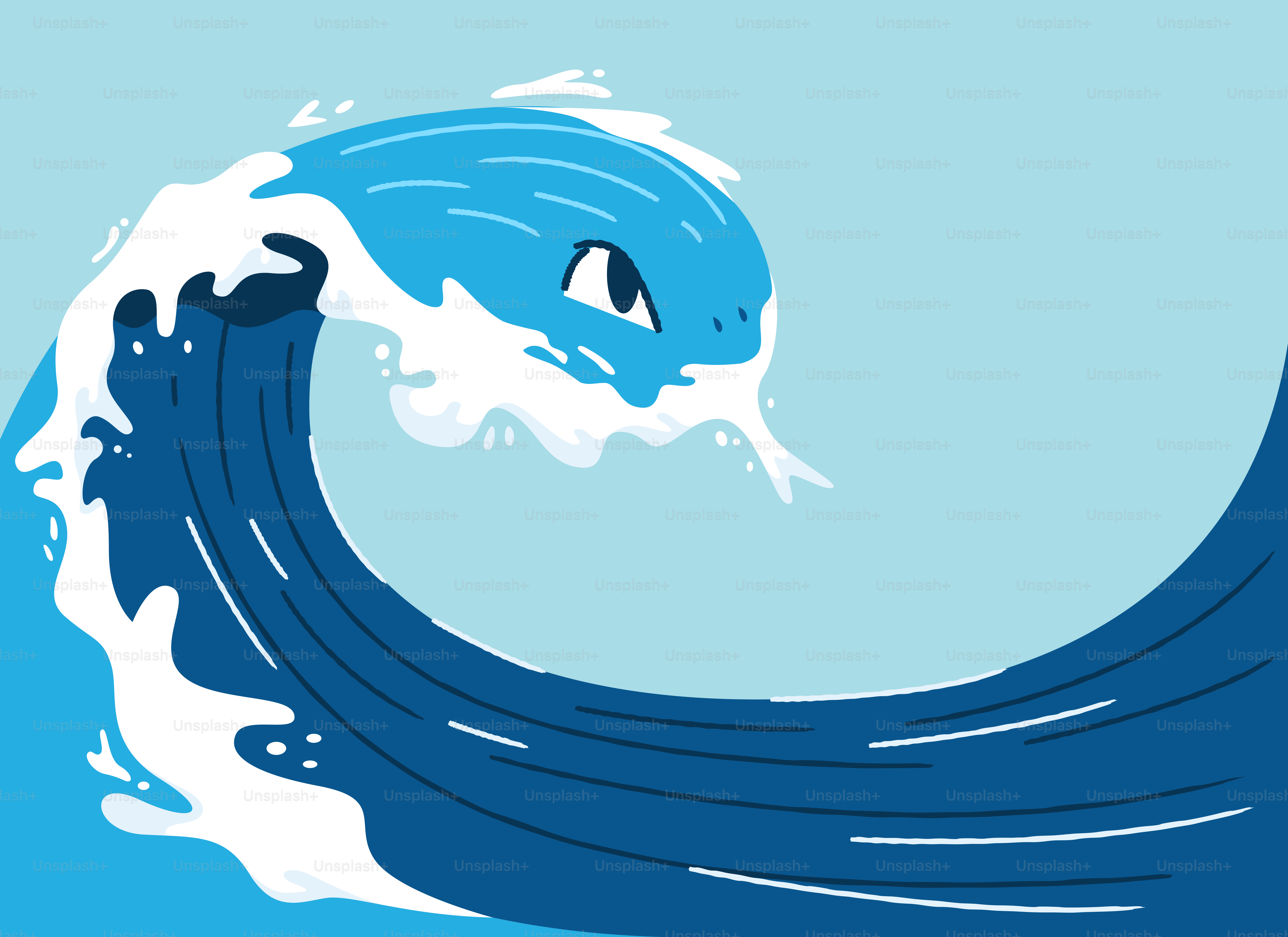 A stylized blue wave cresting against a light blue background.