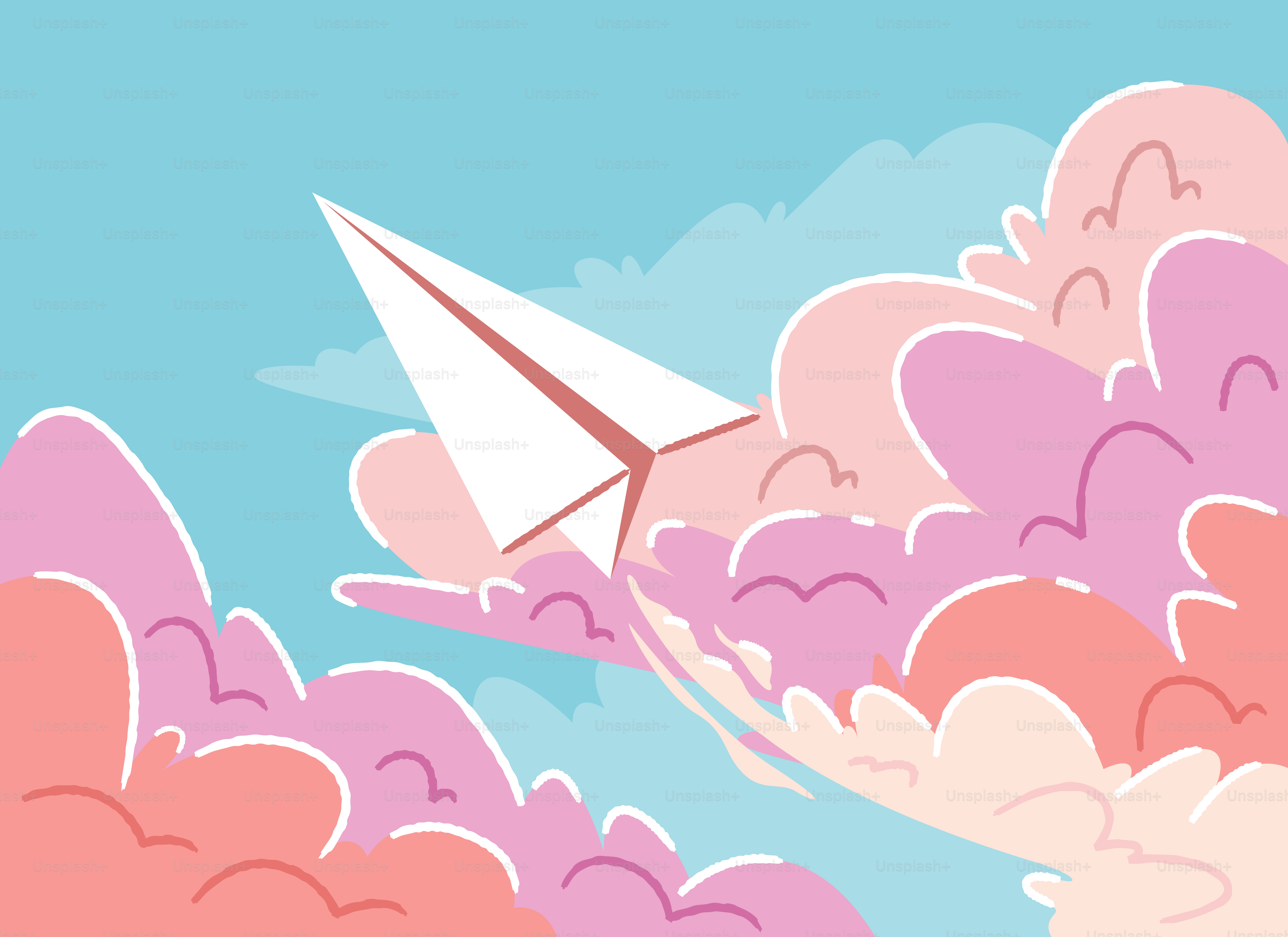 Paper airplane flying through pink and blue clouds.
