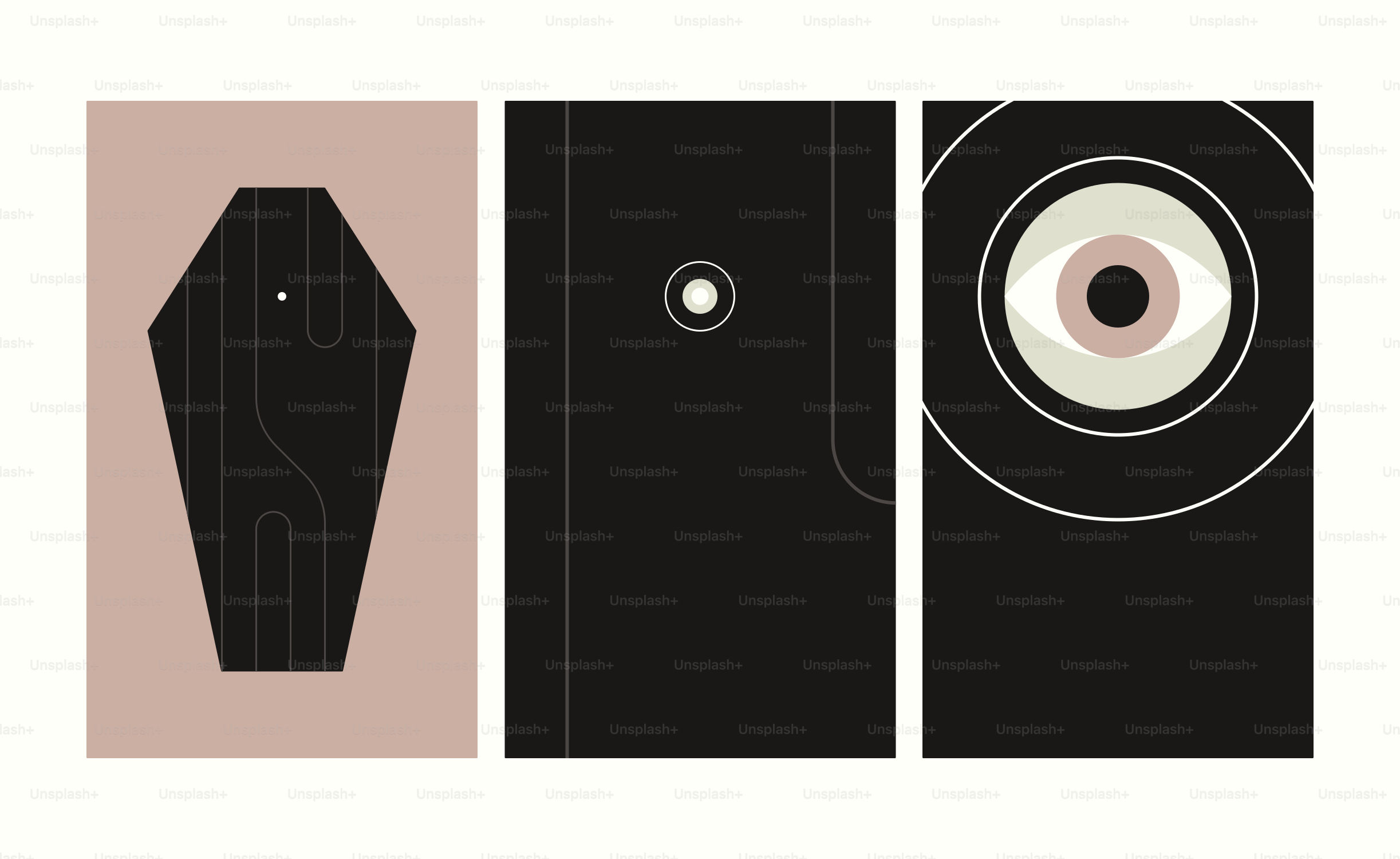 Three abstract graphic designs on white background