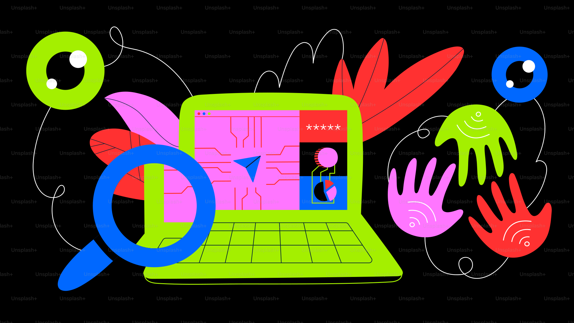 Laptop with colorful abstract shapes and hands