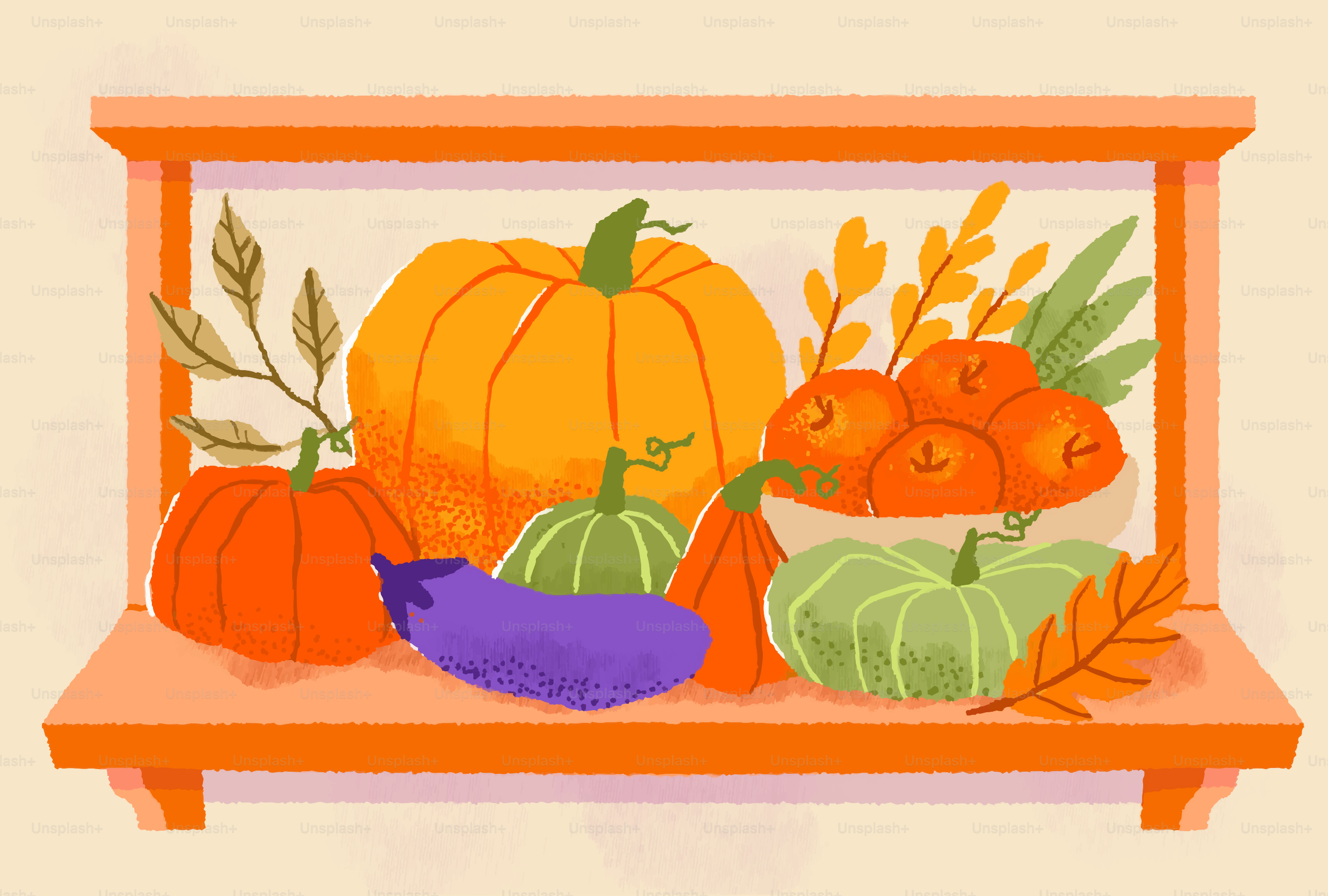 Herbst-Ernte-Gemüse auf einem Orangenregal ausgestellt.