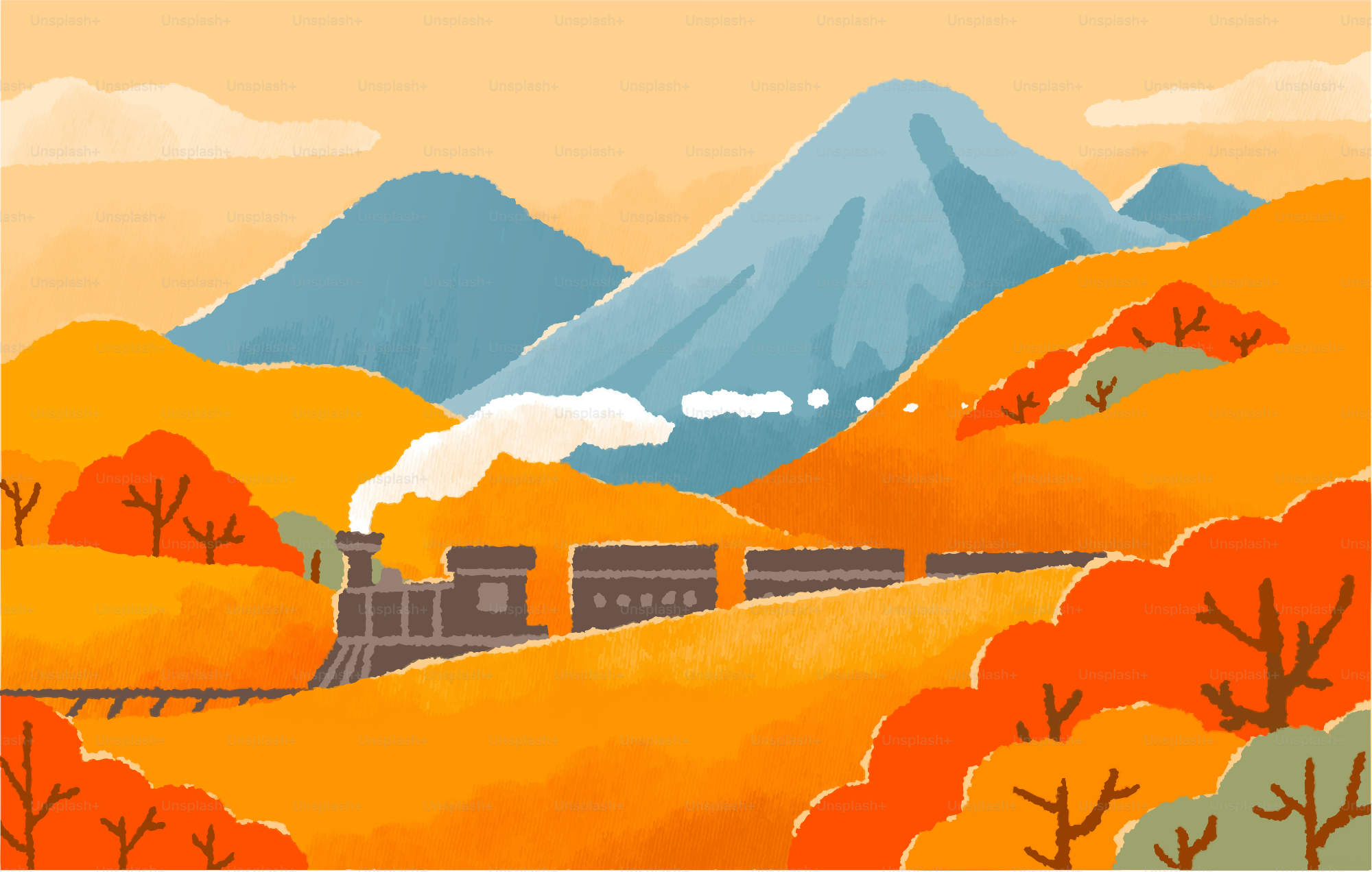 Train traveling through autumn mountains with colorful trees