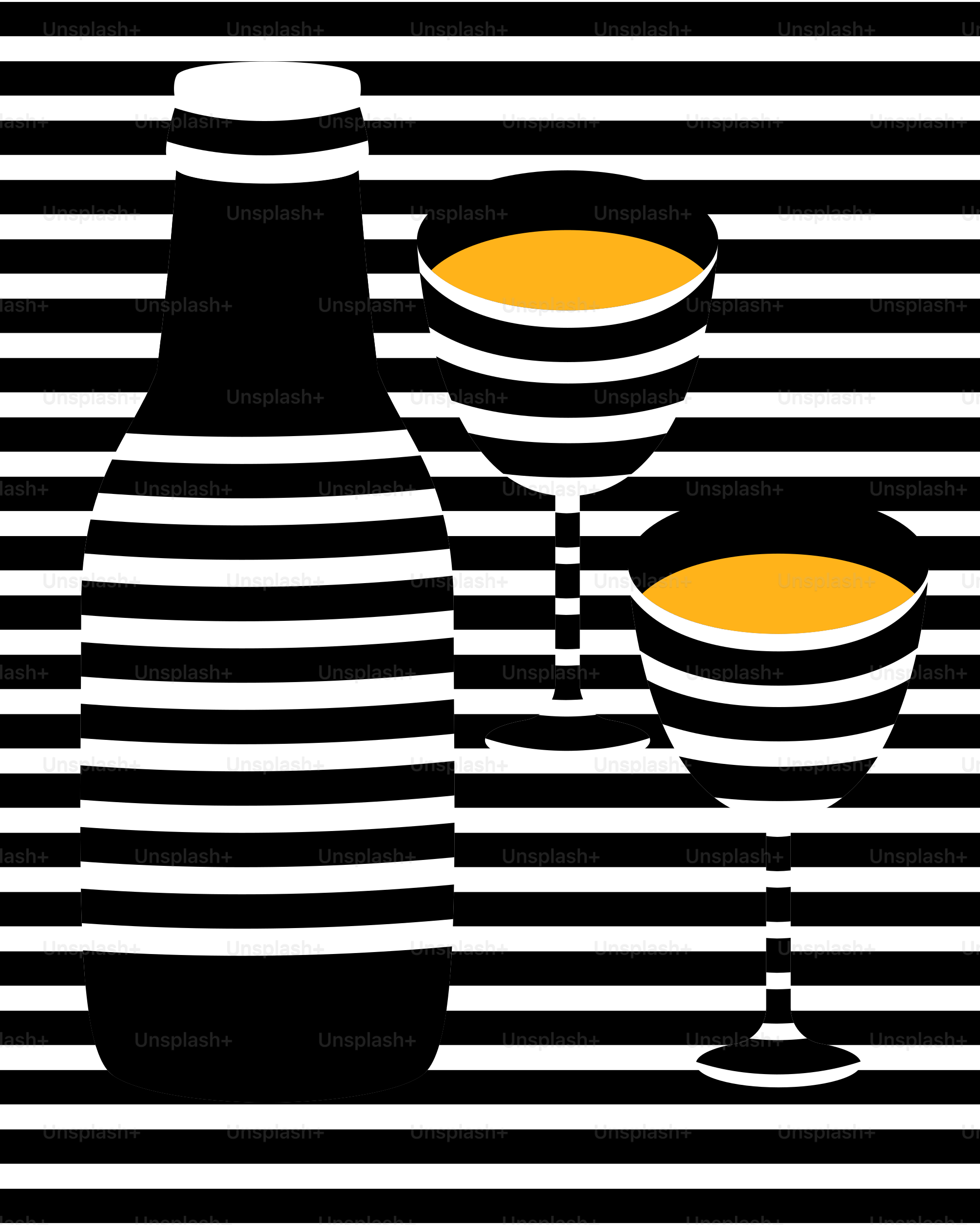 Bottle and glasses with amber liquid on striped background