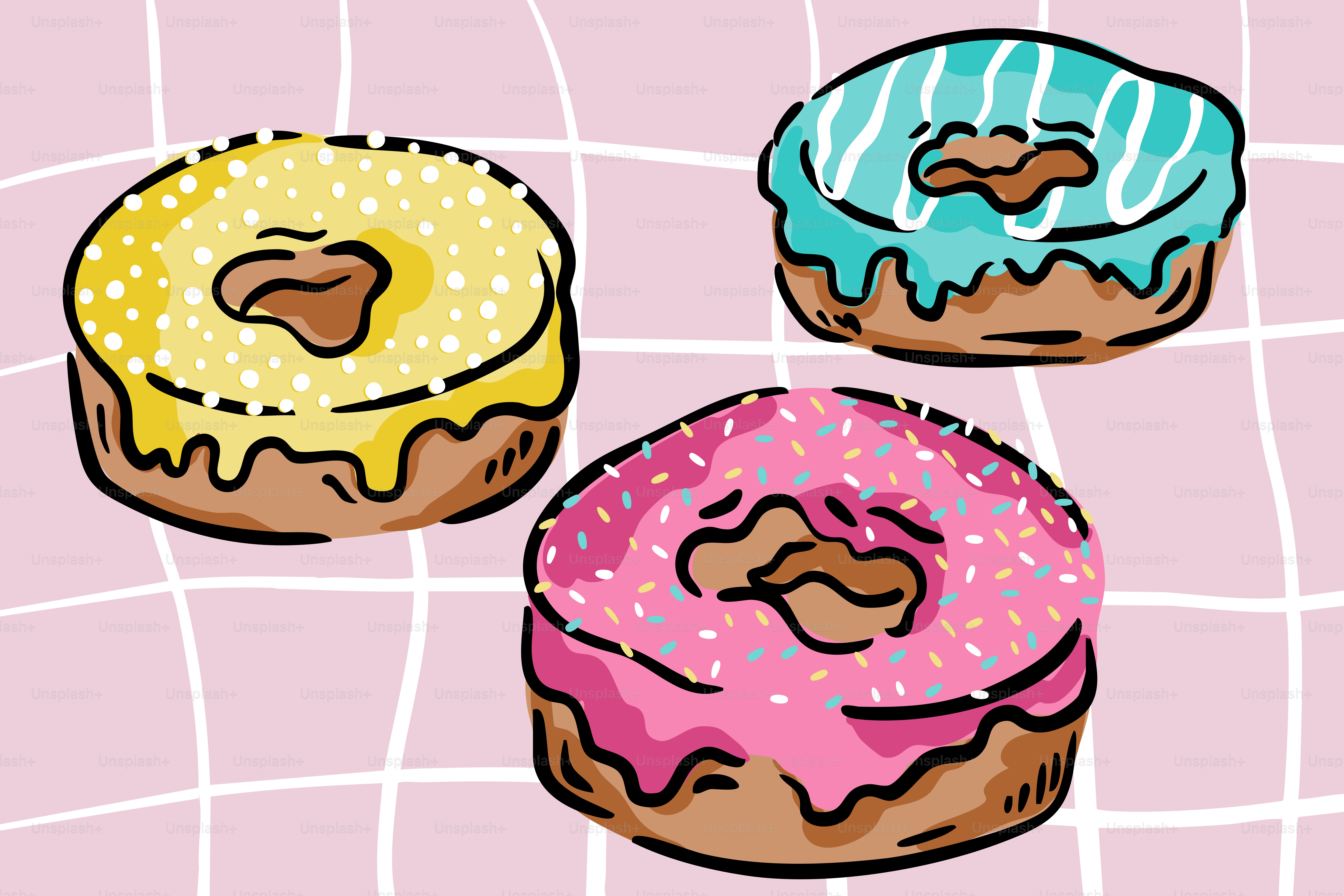 Three colorful donuts with sprinkles on pink background