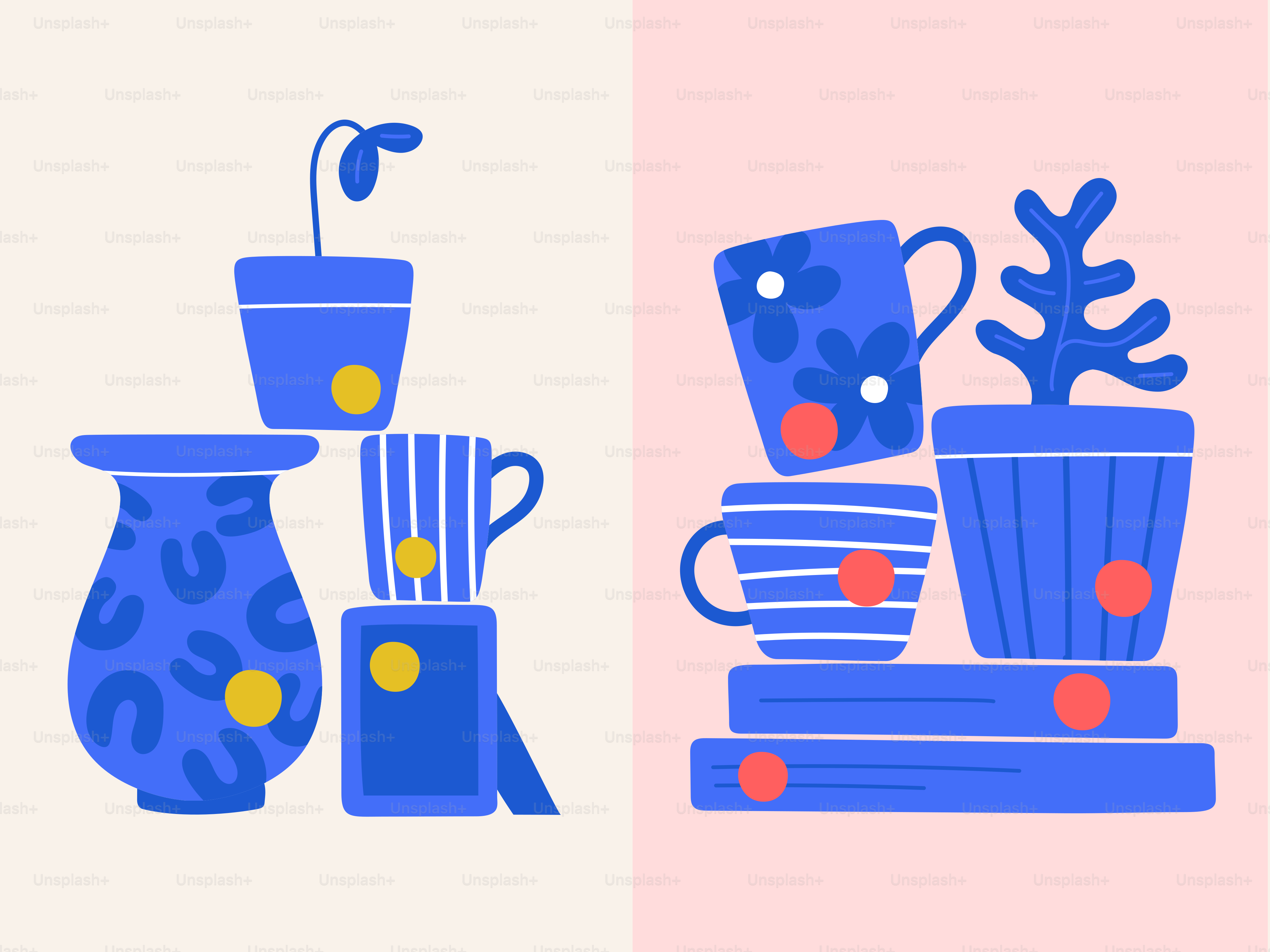 Blue patterned vases and cups stacked together