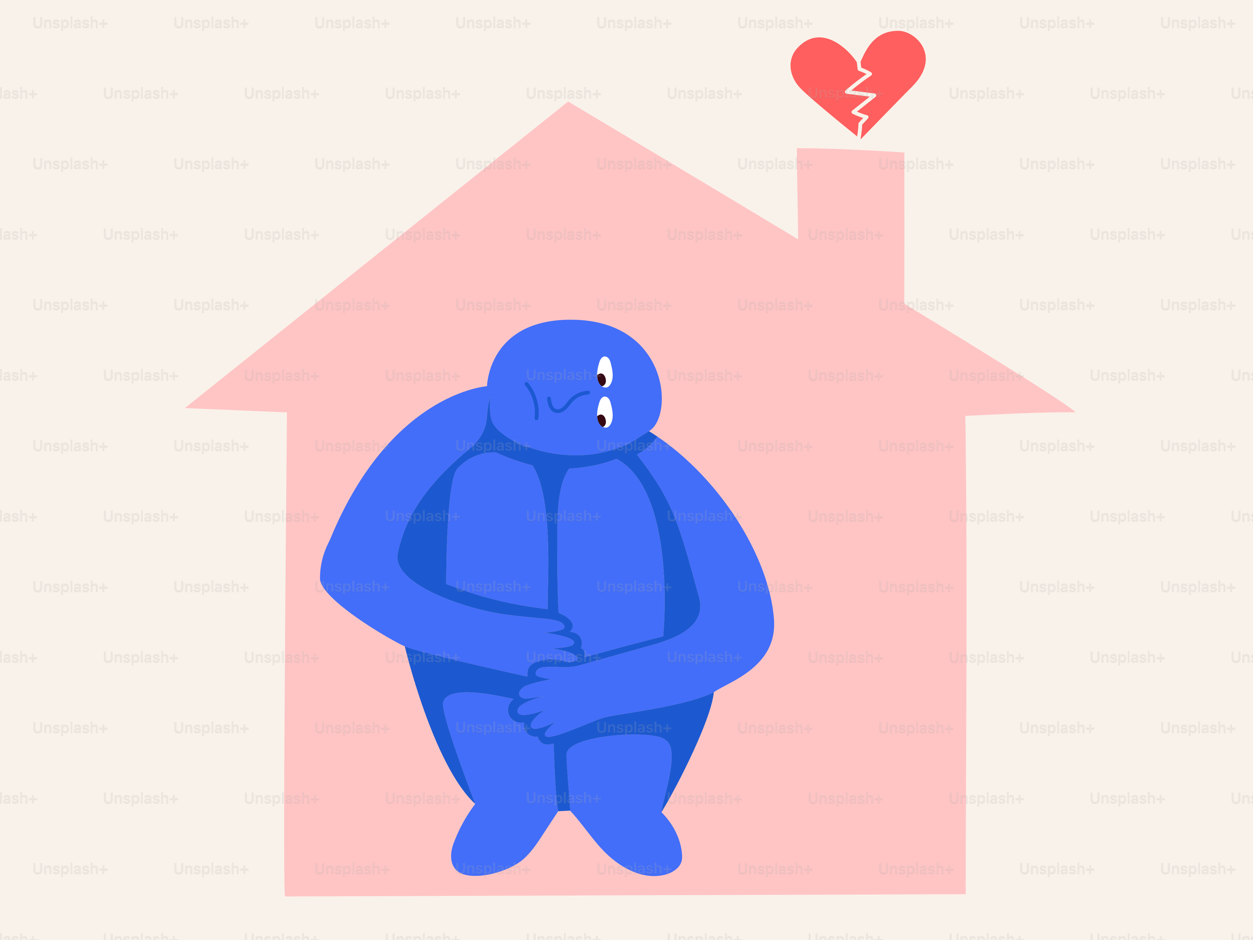 Blue figure inside a pink house with heart