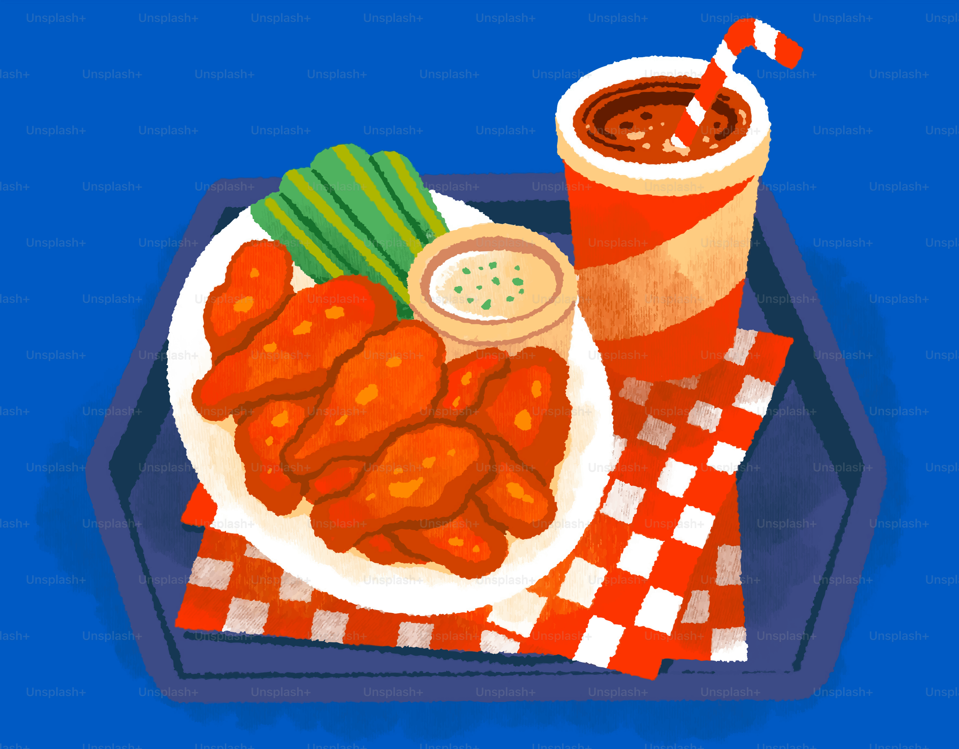 Chicken wings with celery, dip, and soda