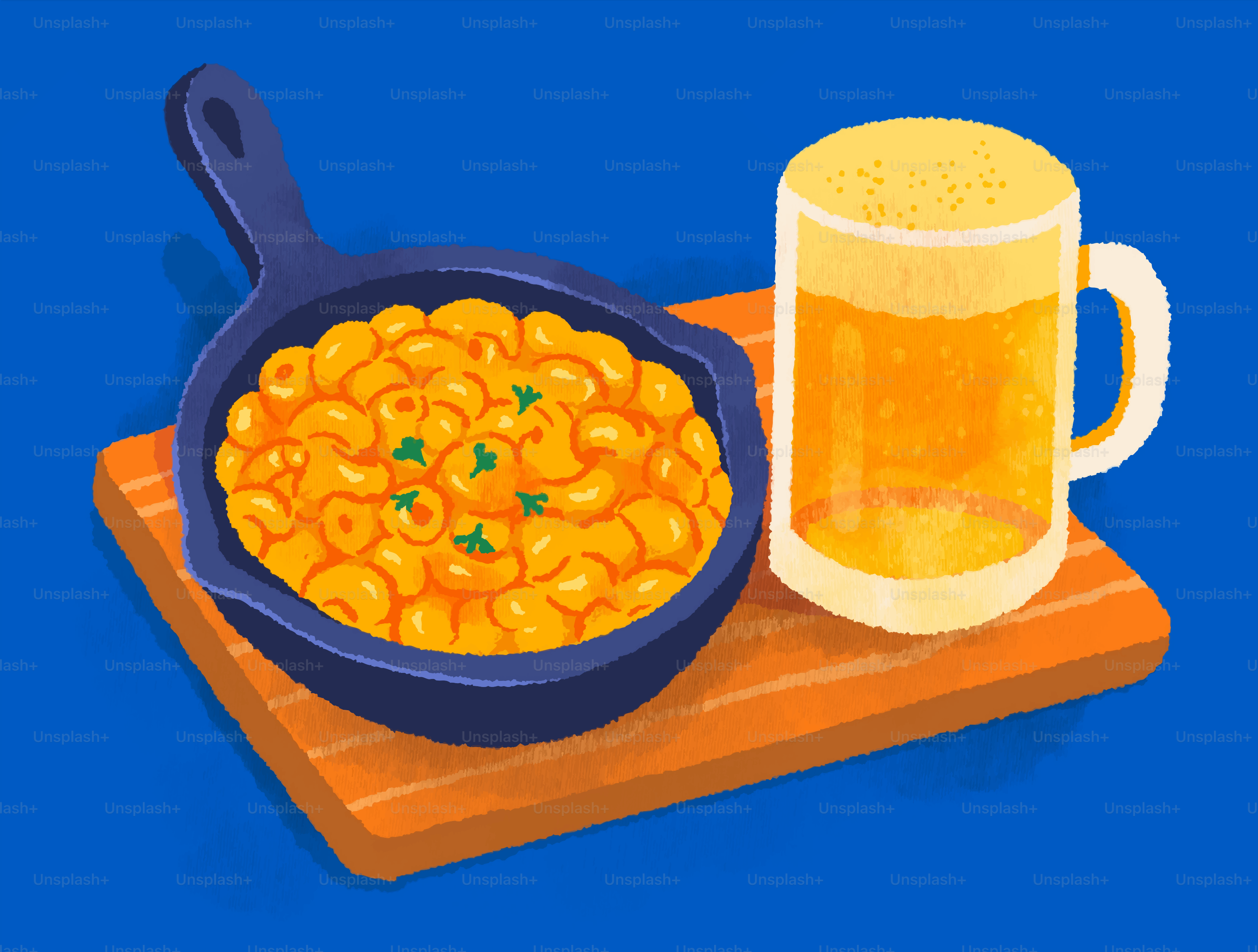 Macaroni and cheese with a mug of beer