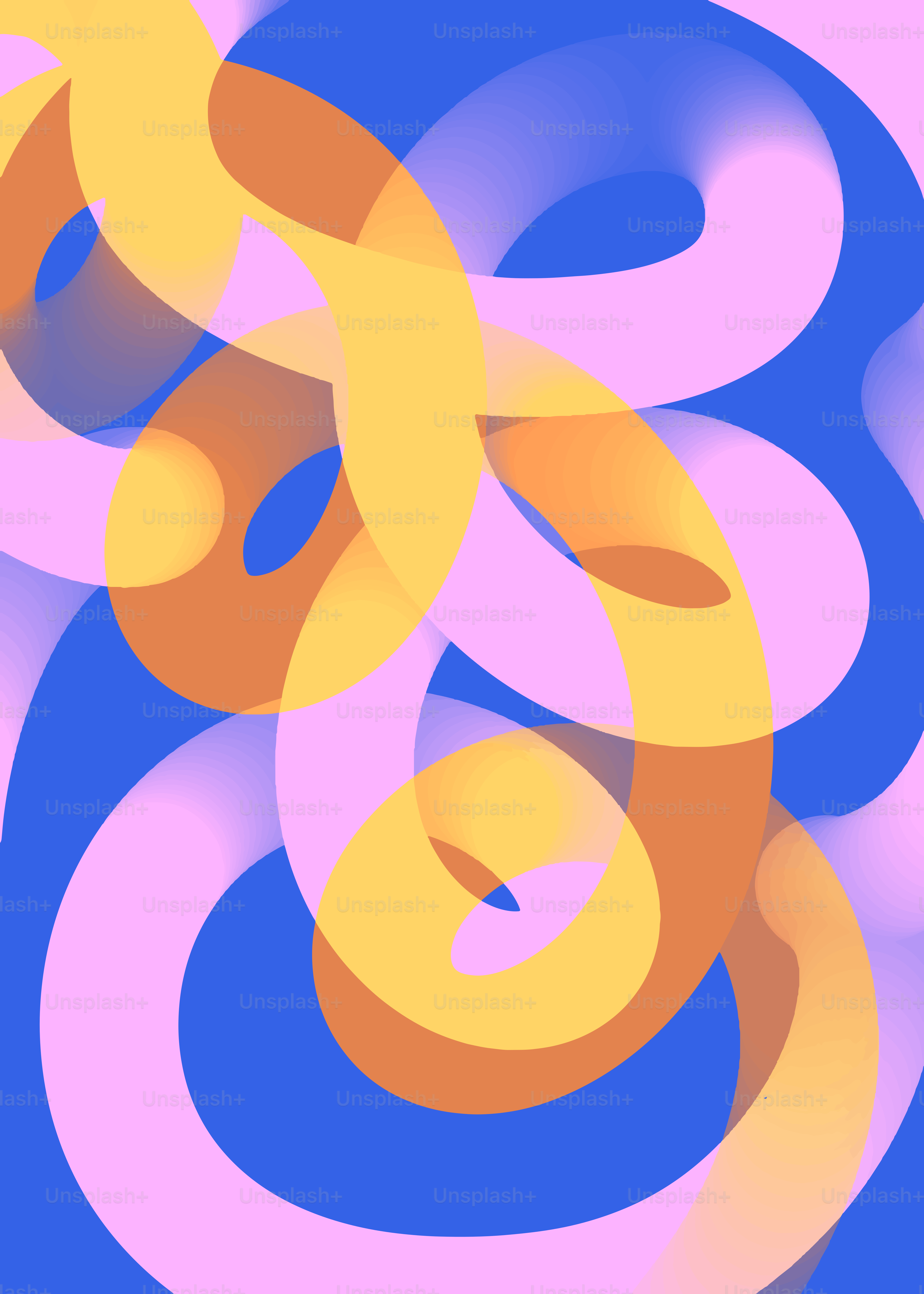 Abstract swirling shapes in pink, yellow, and orange on blue.