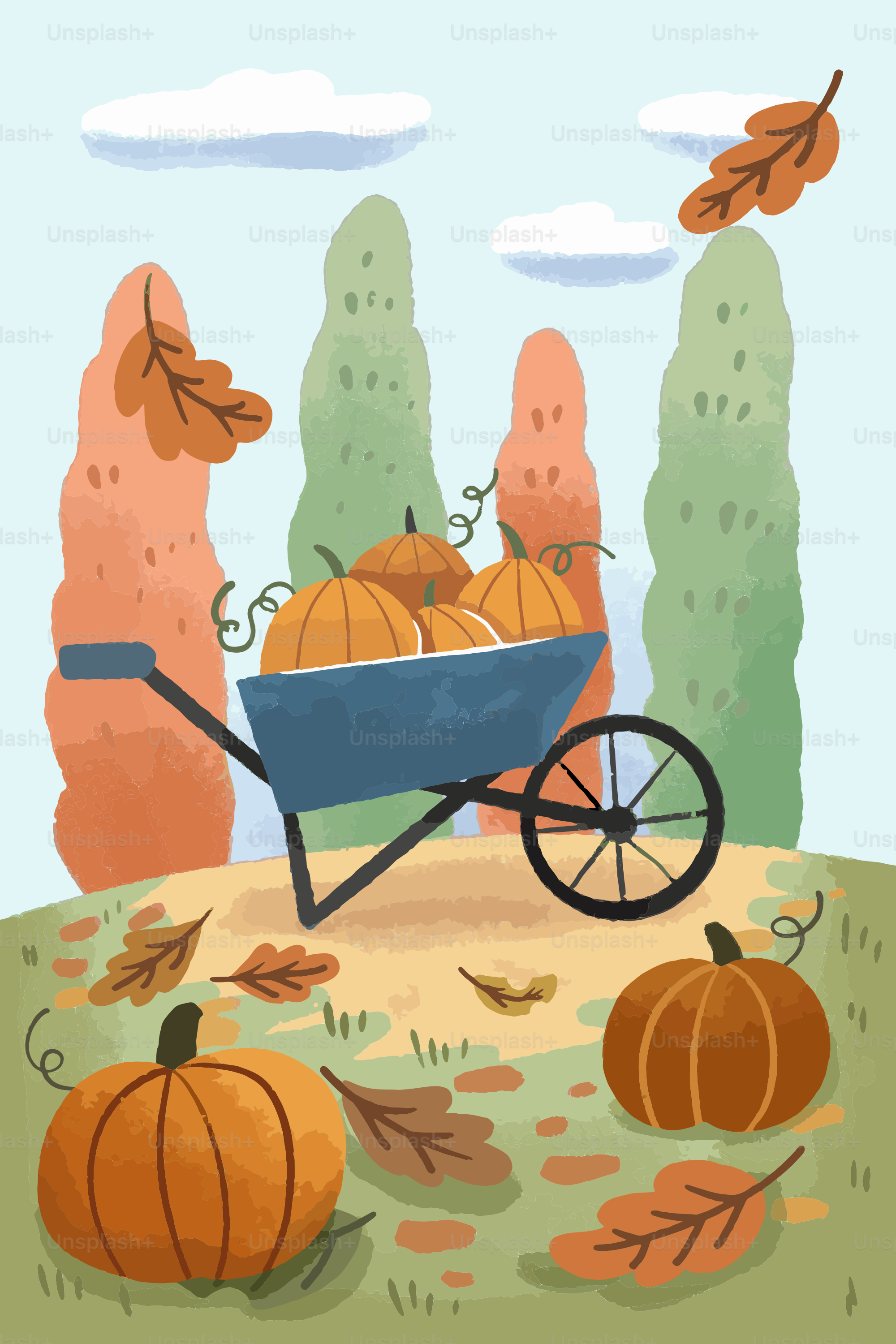 Wheelbarrow full of pumpkins in autumn landscape