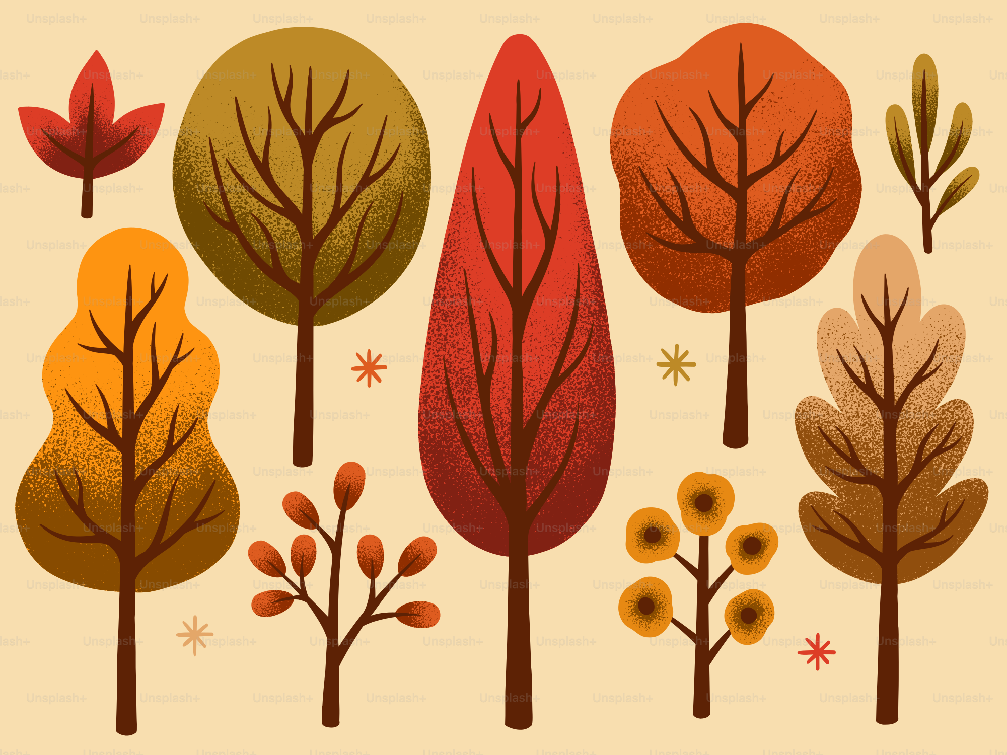 Collection of stylized autumn trees and leaves