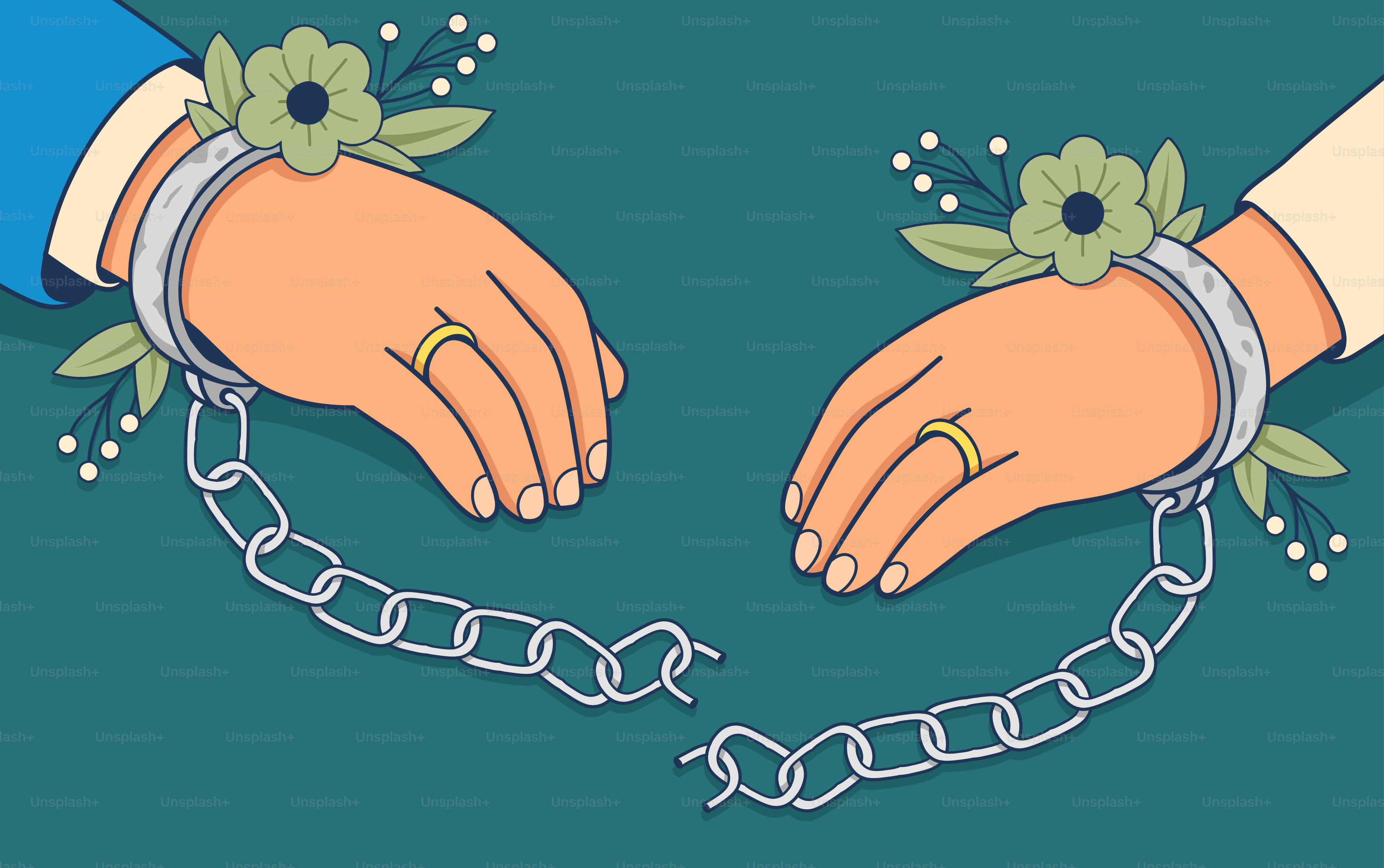 Two hands are chained together, then broken apart.