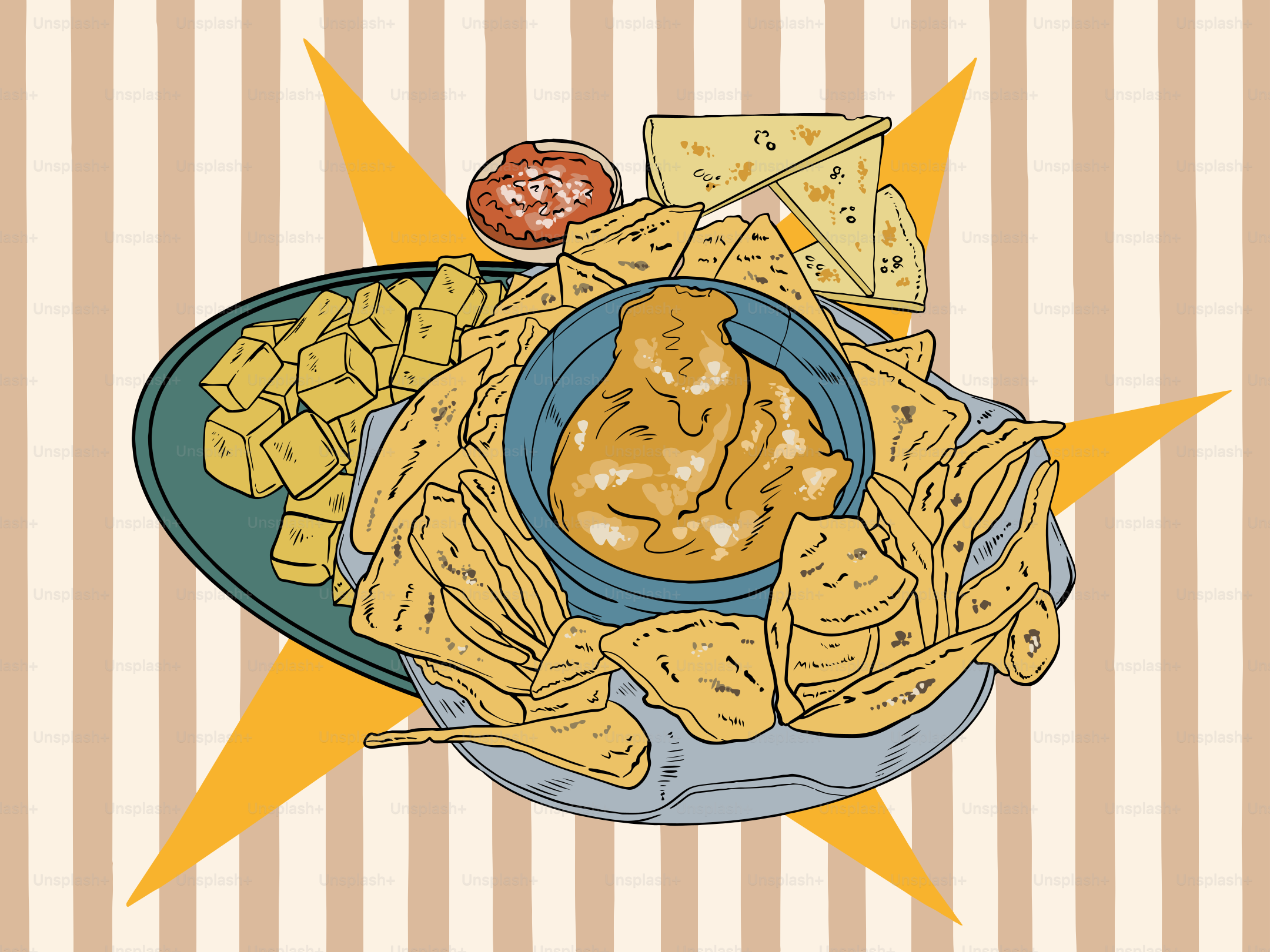 A colorful abstract arrangement of food items.