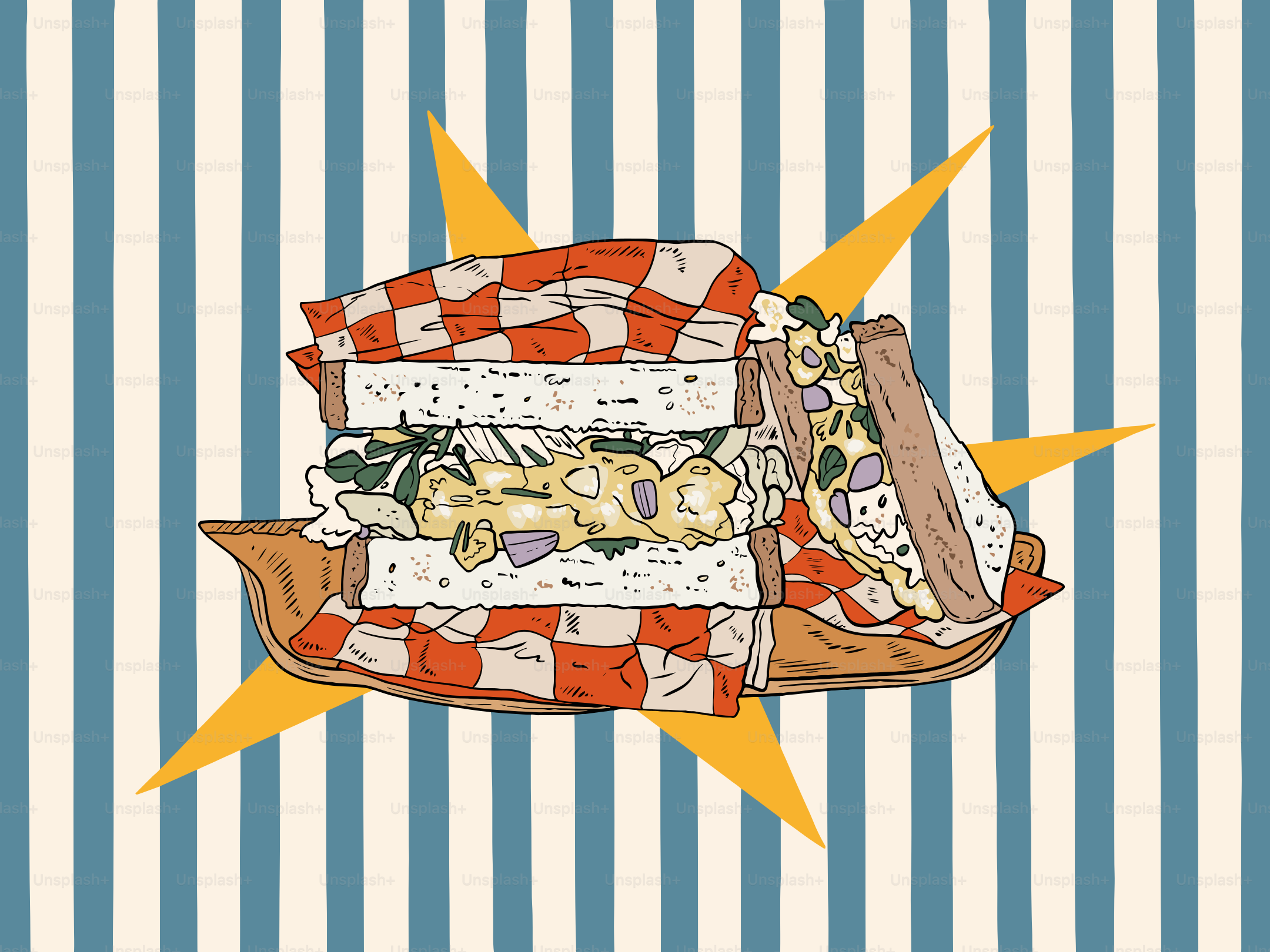 A sandwich with checkered bread on striped background