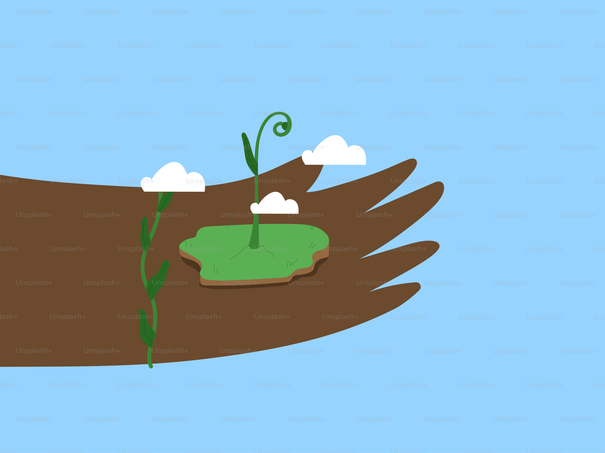 Green sprout grows on island in open hand.