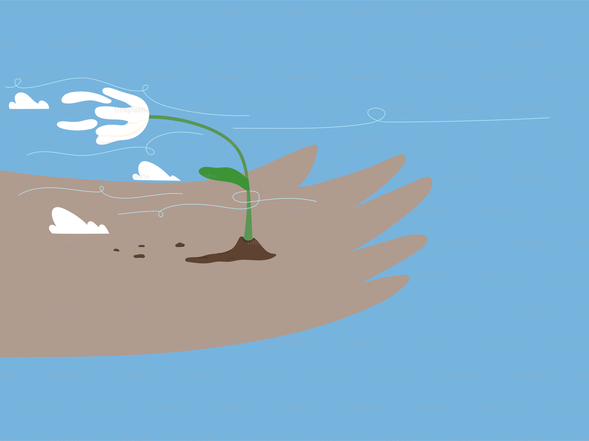 A small plant grows in a hand under a windy sky.