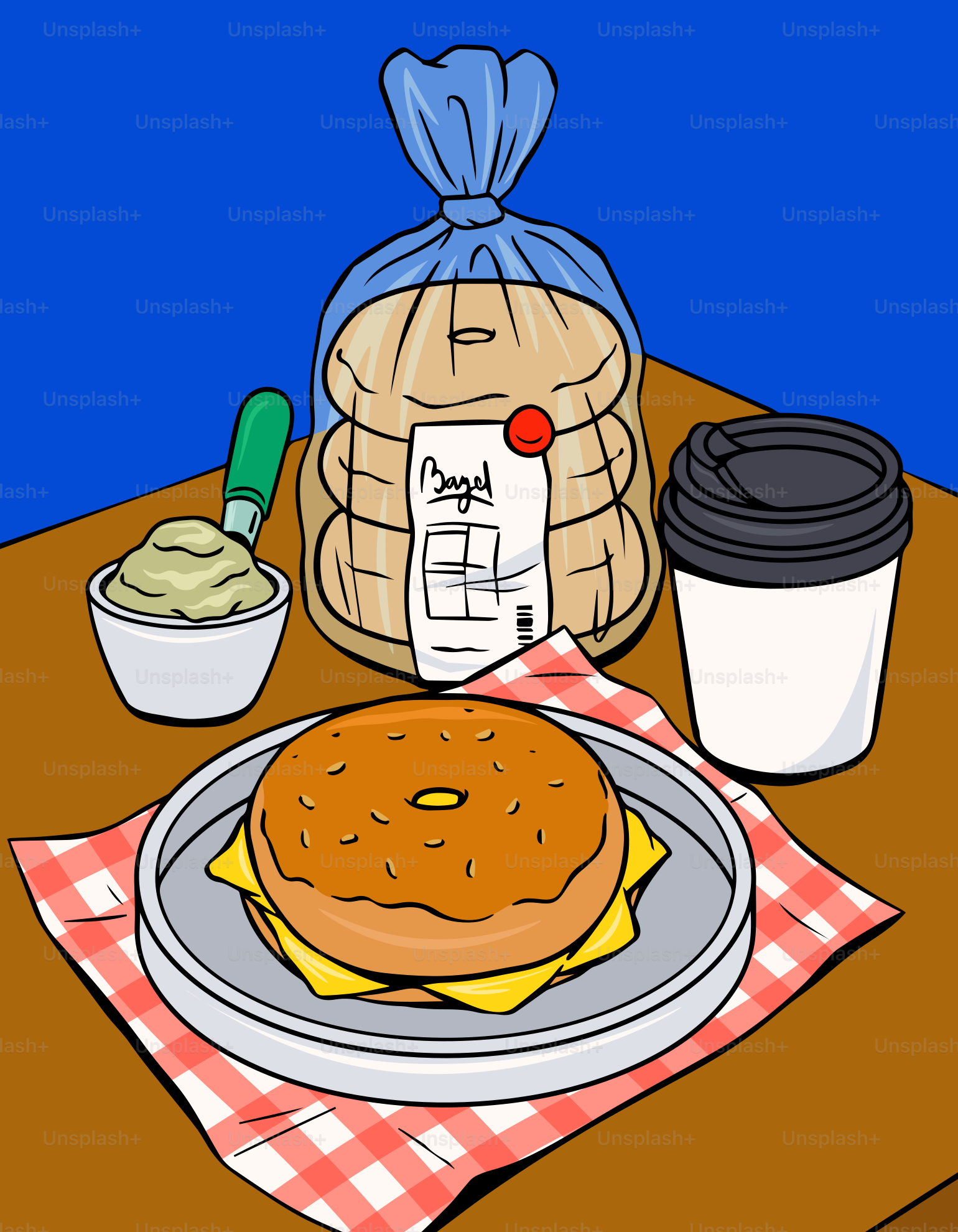 Bagel with cheese, coffee, and spread