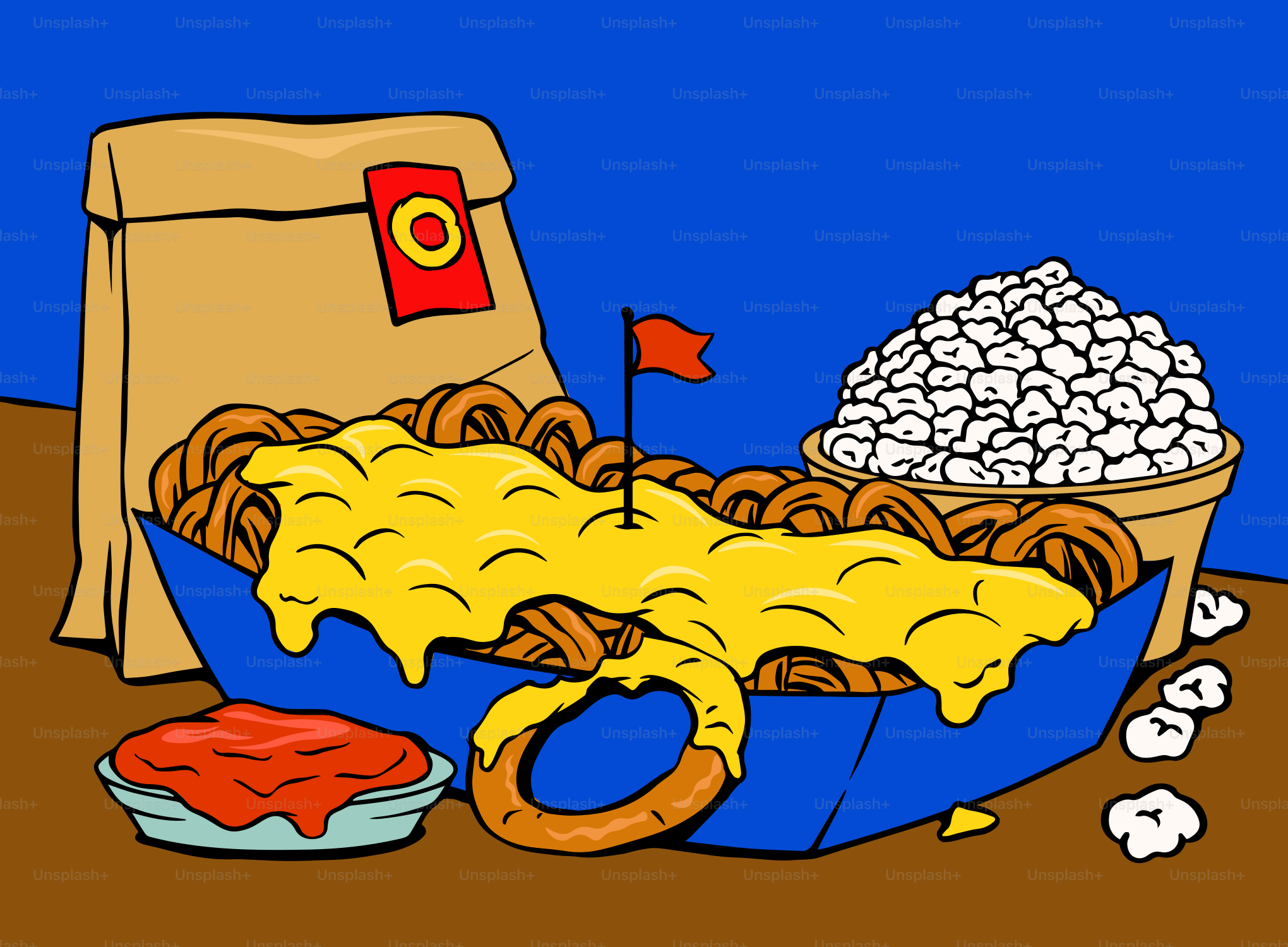 Pretzels with cheese, popcorn, and ketchup